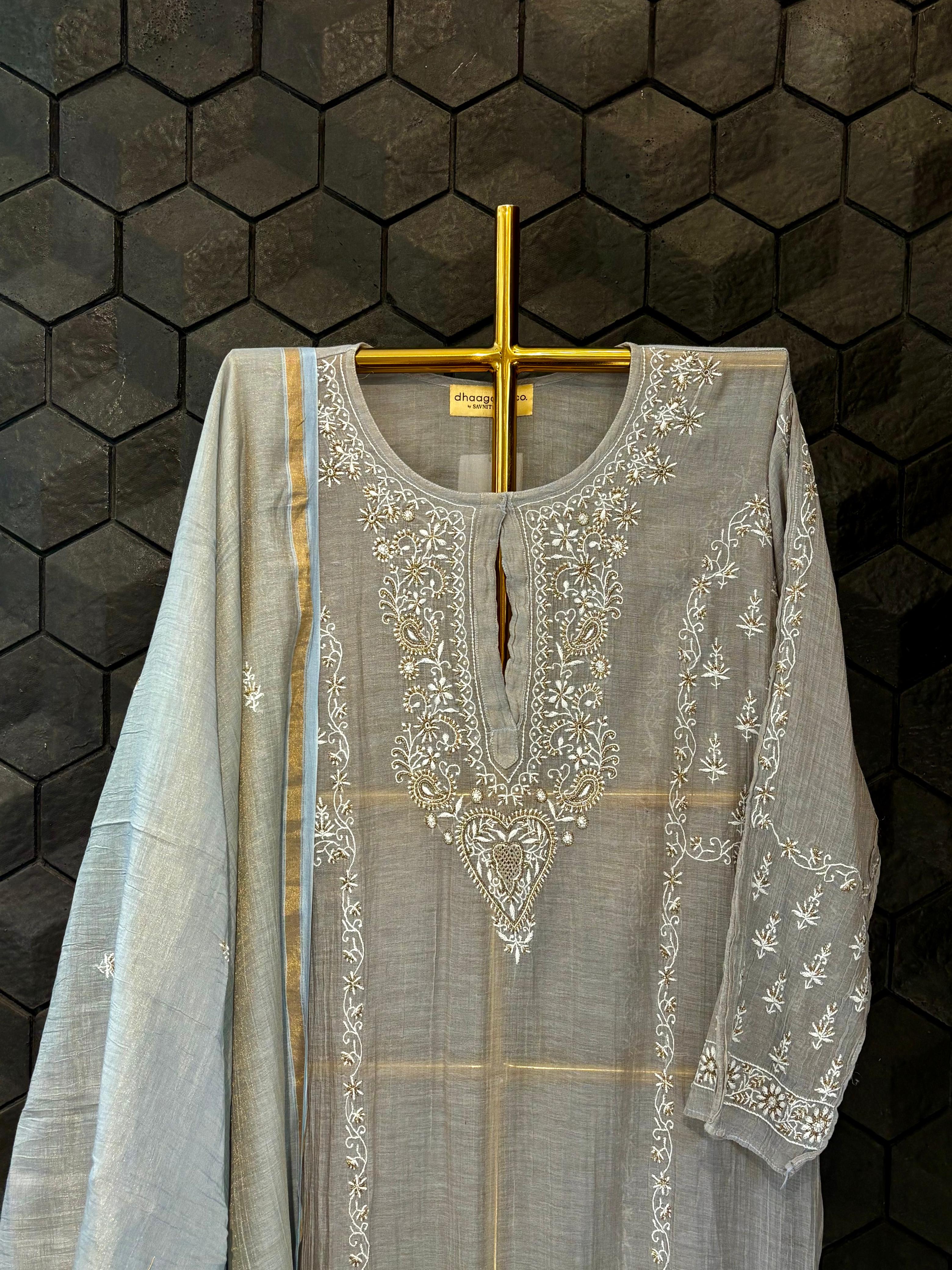 Grey Tissue Chikankari Kurta Set