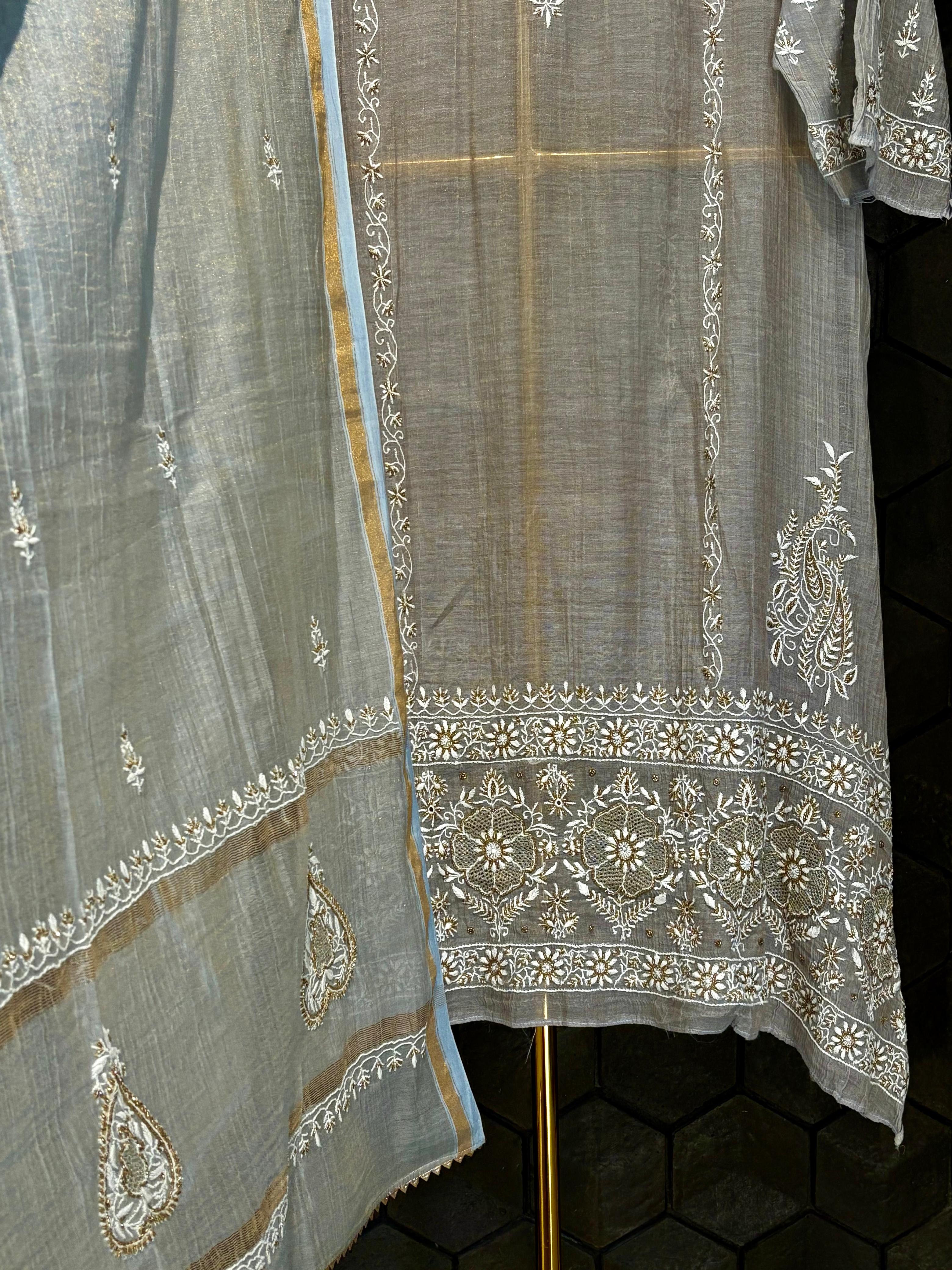 Grey Tissue Chikankari Kurta Set