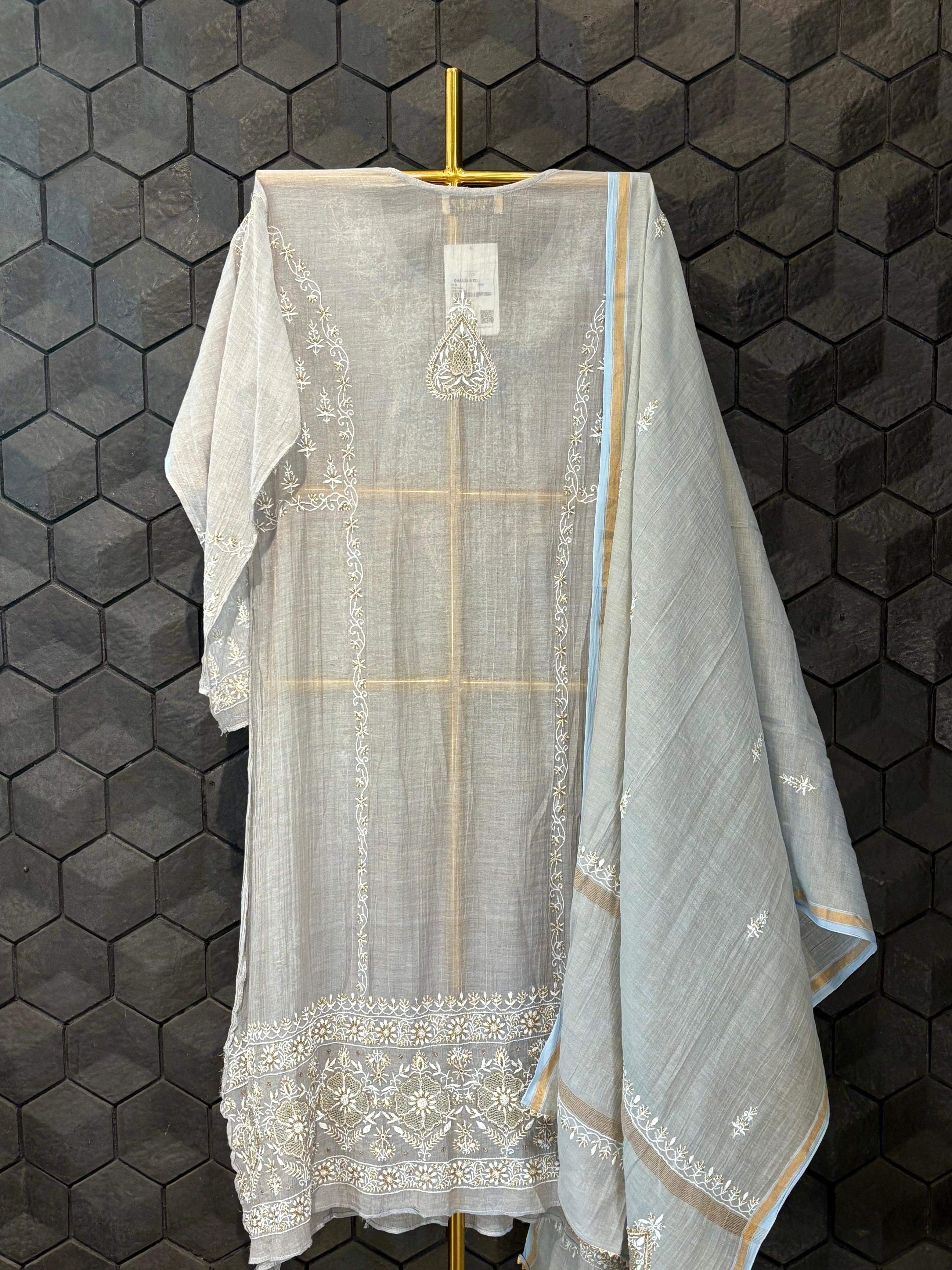 Grey Tissue Chikankari Kurta Set