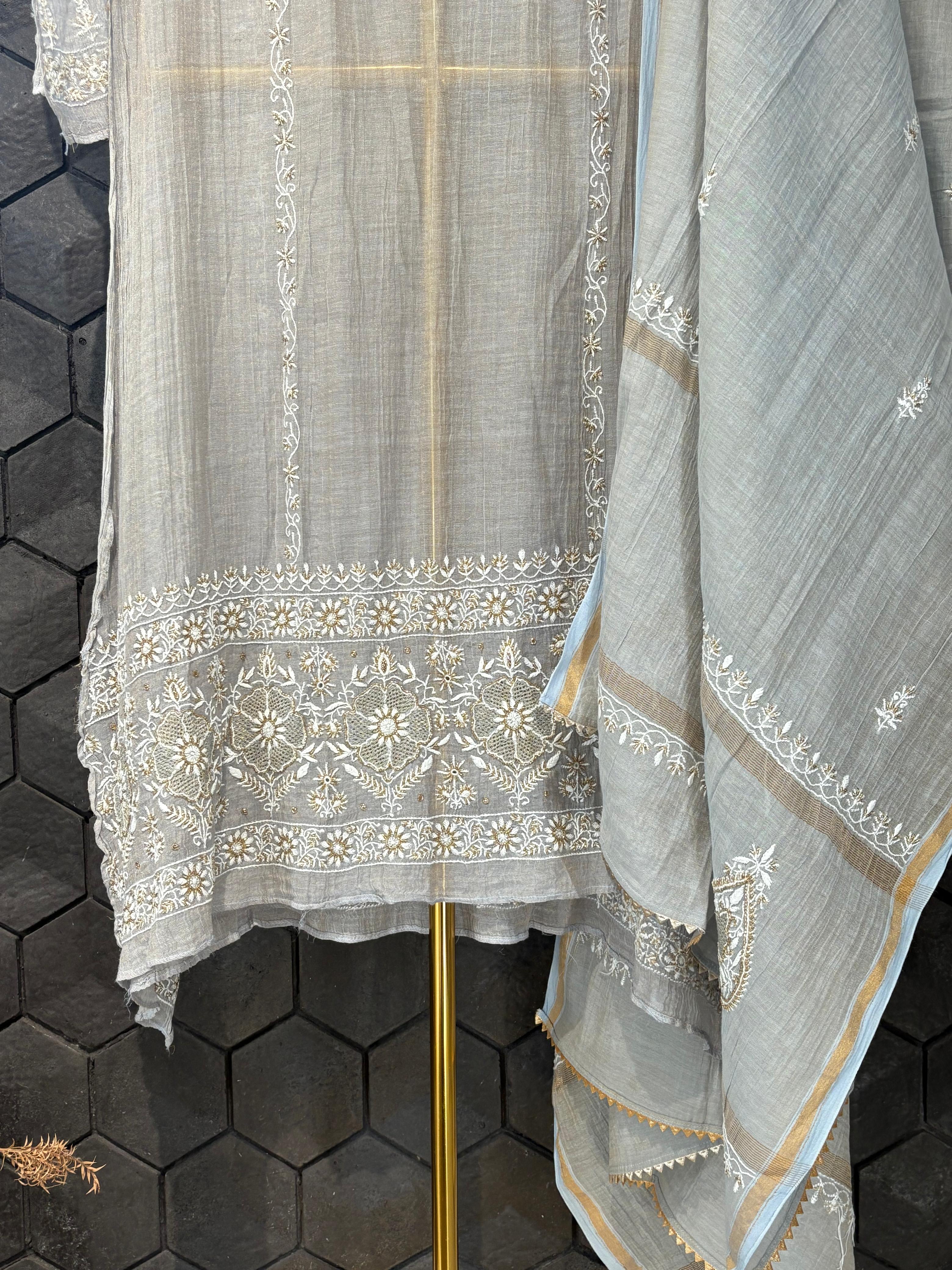 Grey Tissue Chikankari Kurta Set