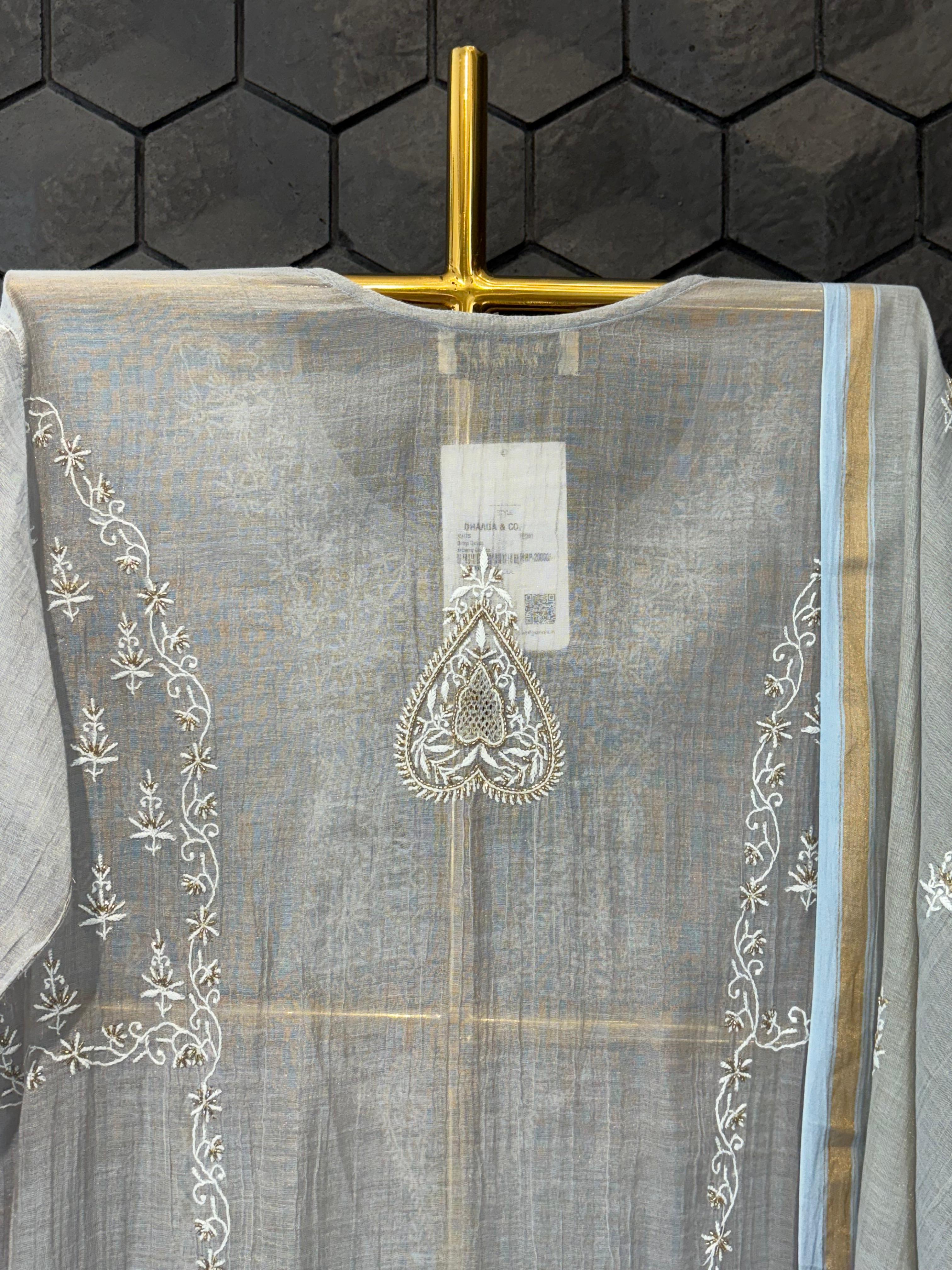 Grey Tissue Chikankari Kurta Set