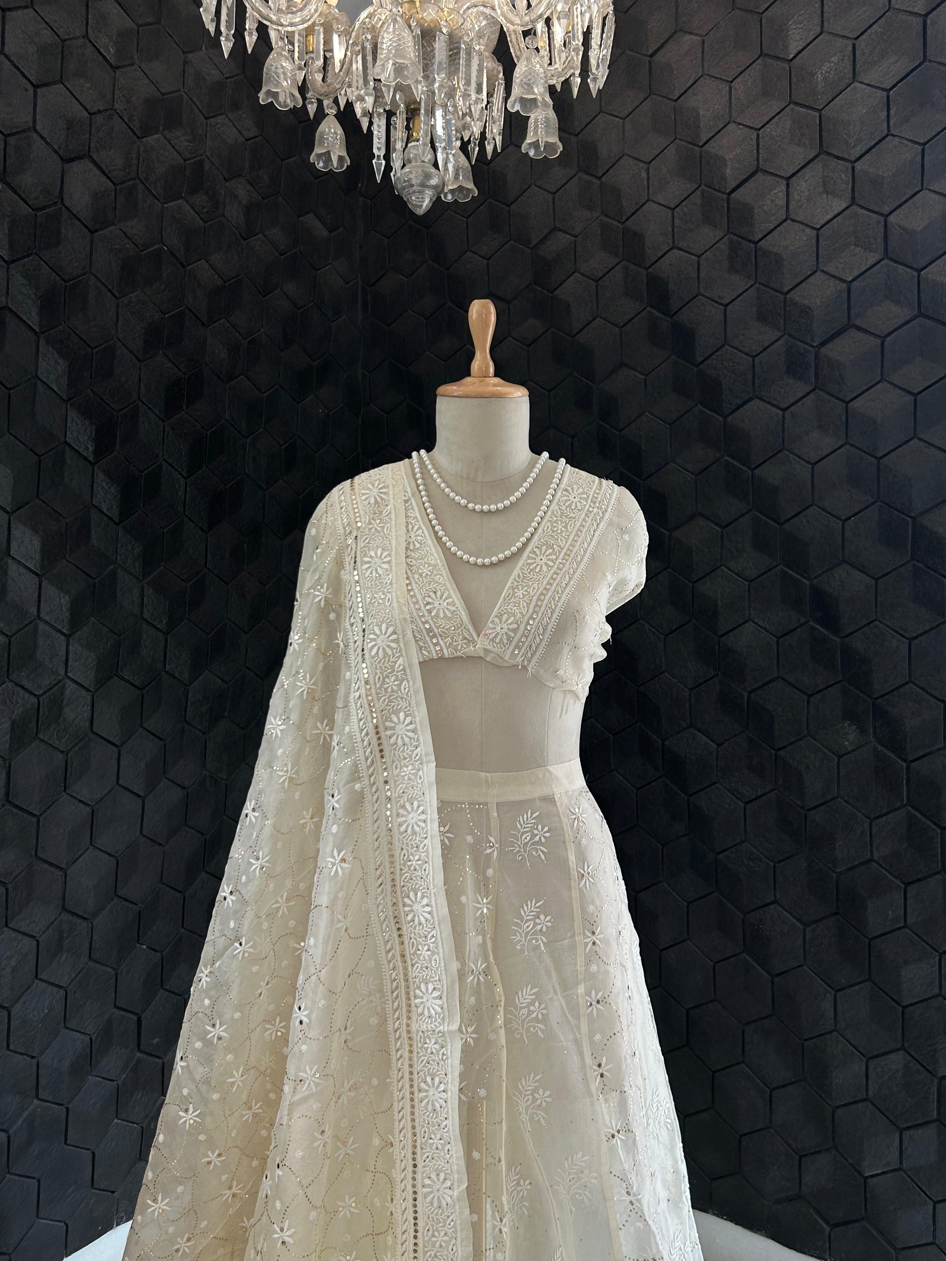 Ivory Organza Chikankari Mukaish Lehenga Set
