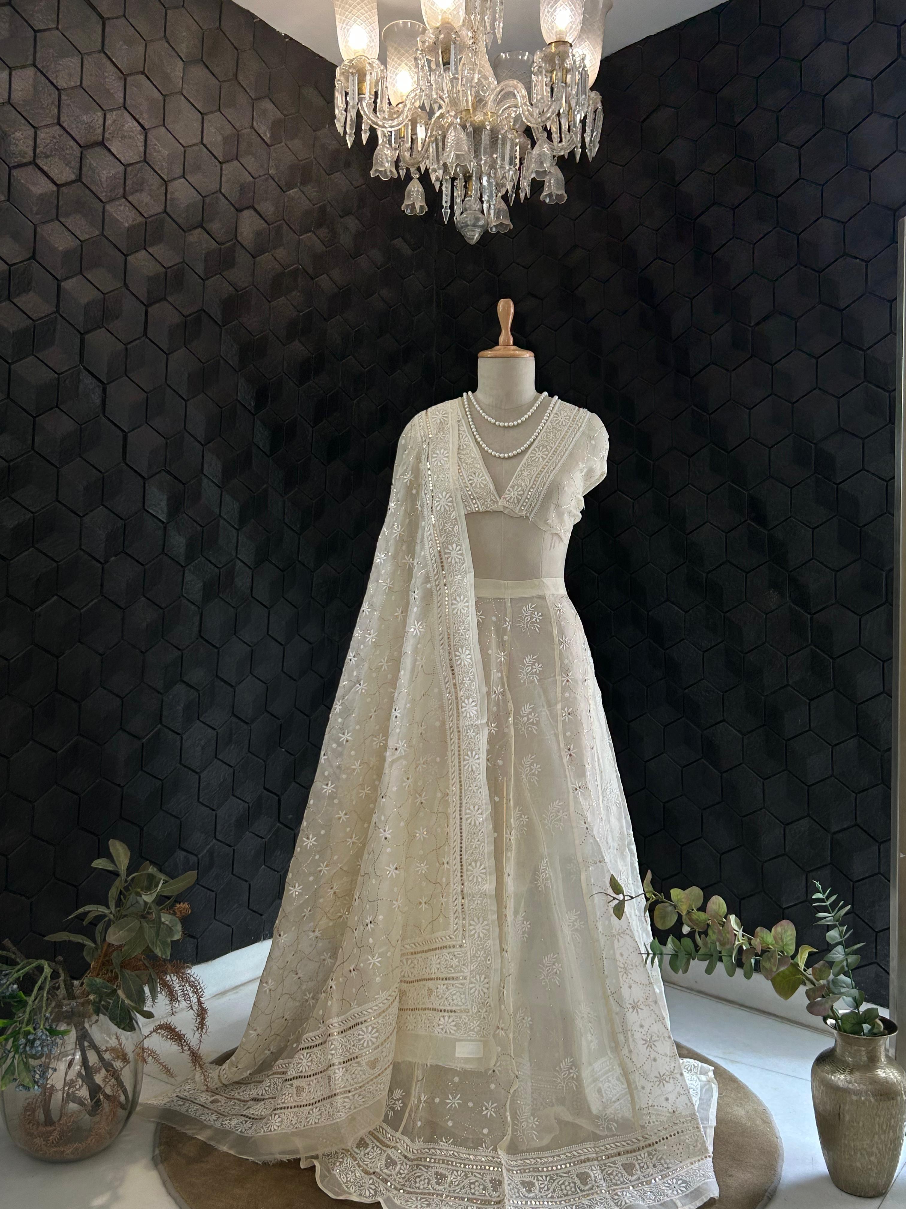 Ivory Organza Chikankari Mukaish Lehenga Set