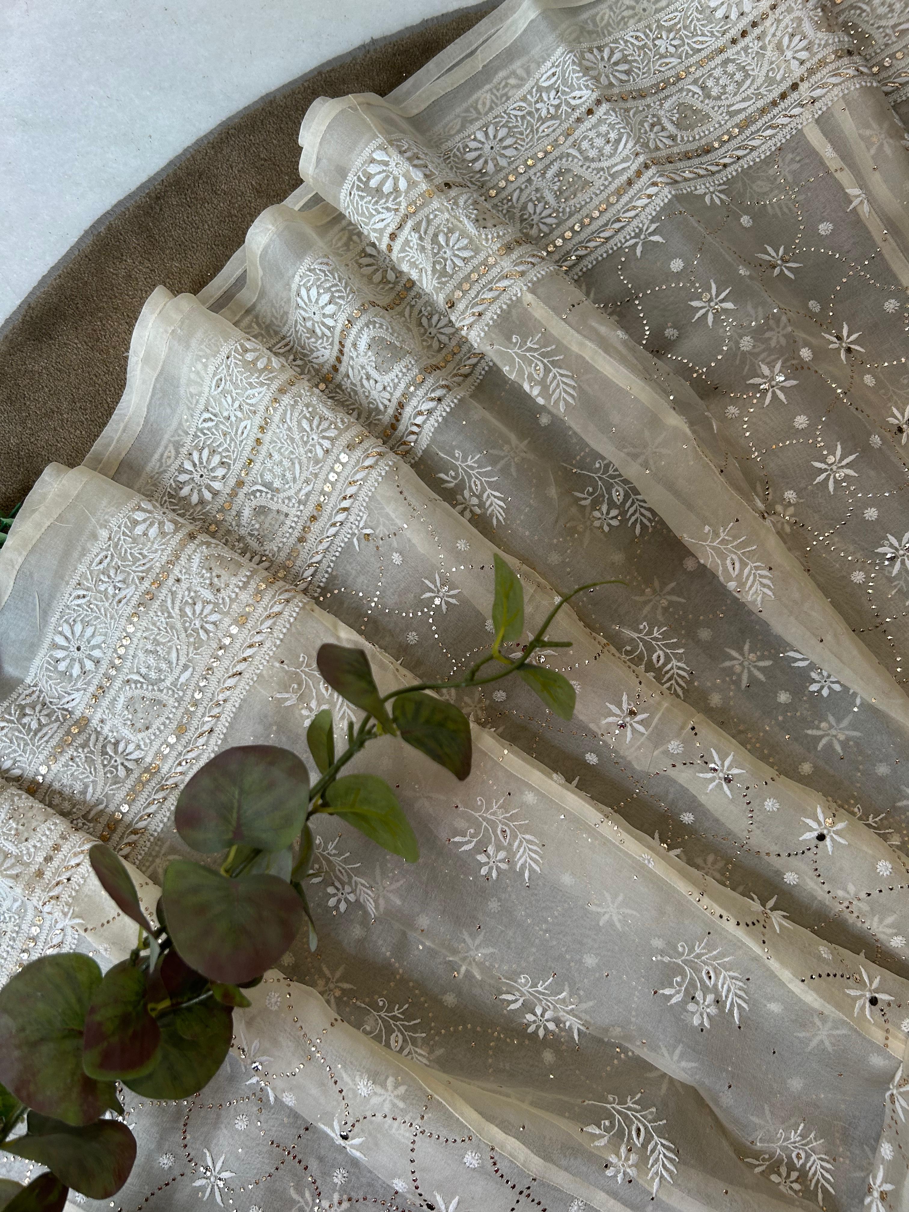 Ivory Organza Chikankari Mukaish Lehenga Set