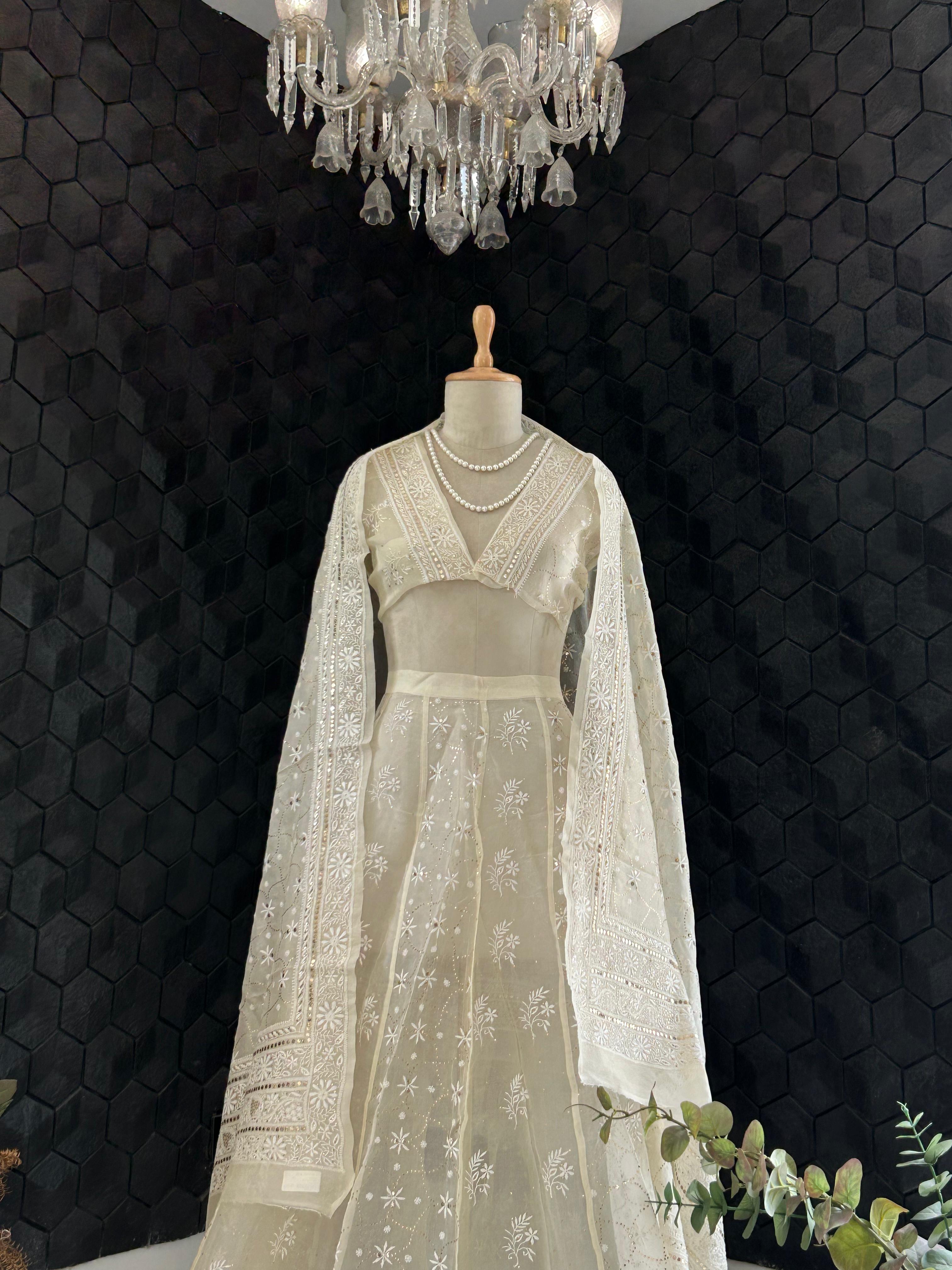 Ivory Organza Chikankari Mukaish Lehenga Set