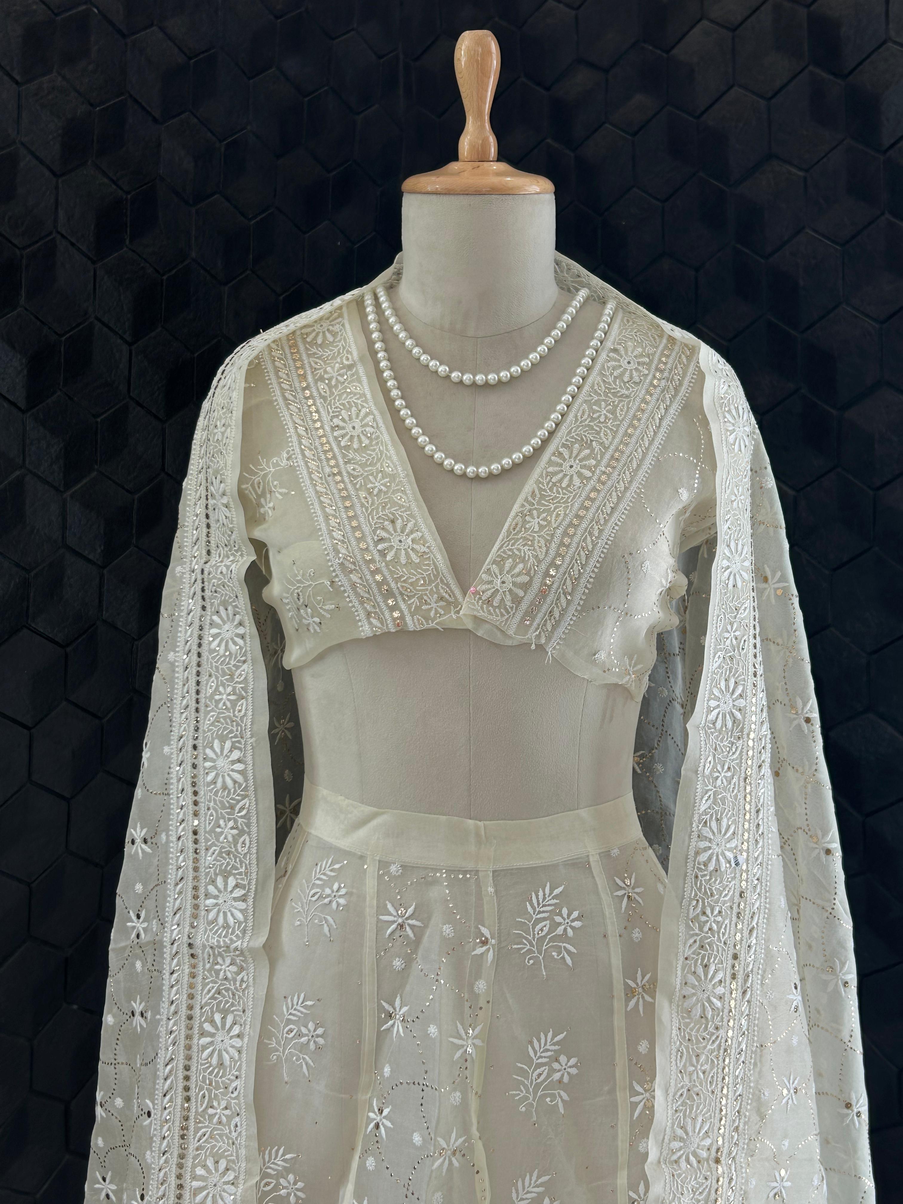 Ivory Organza Chikankari Mukaish Lehenga Set