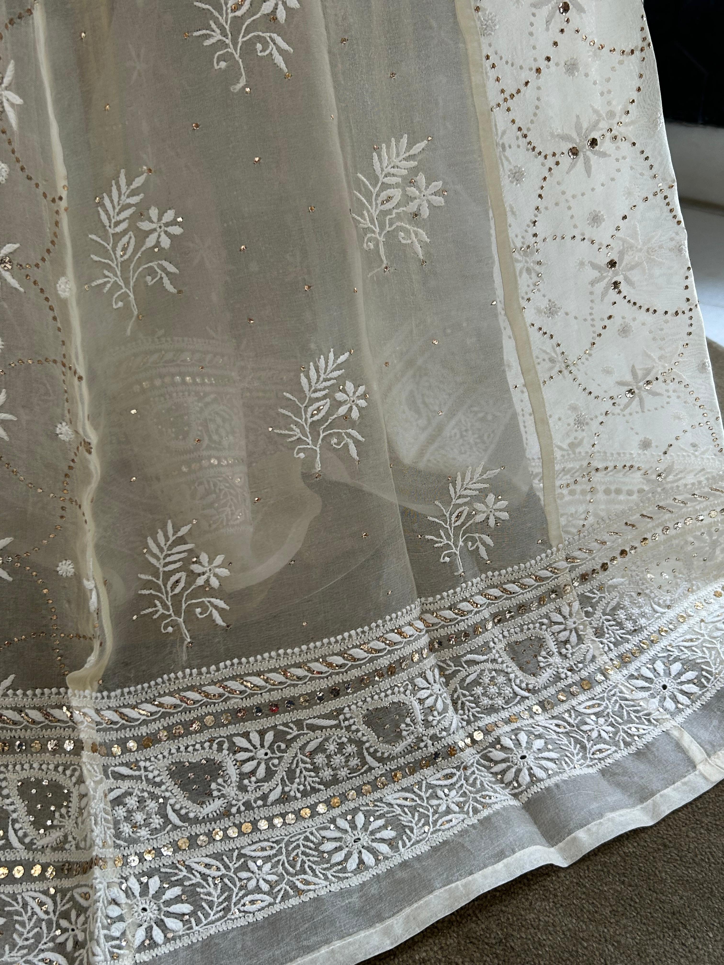 Ivory Organza Chikankari Mukaish Lehenga Set