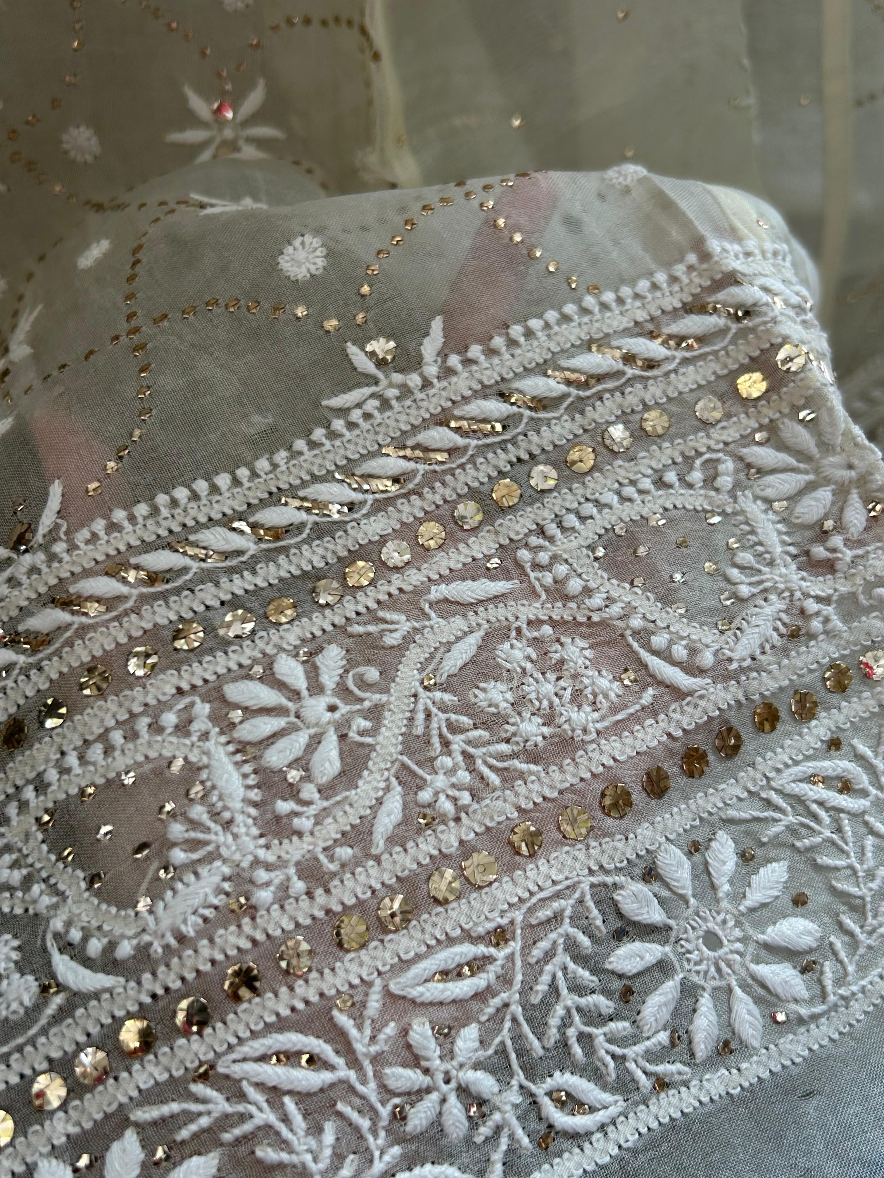 Ivory Organza Chikankari Mukaish Lehenga Set