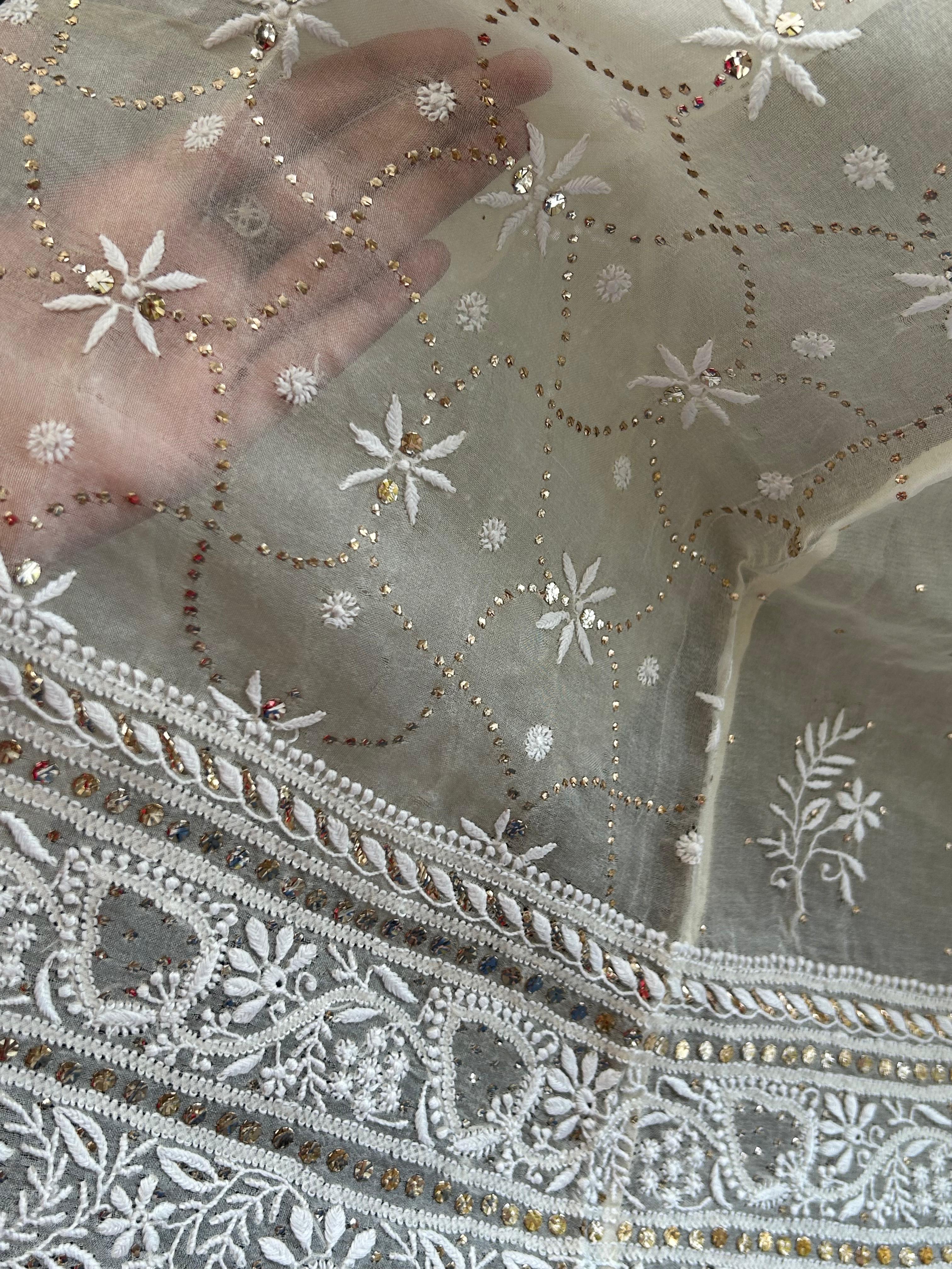 Ivory Organza Chikankari Mukaish Lehenga Set