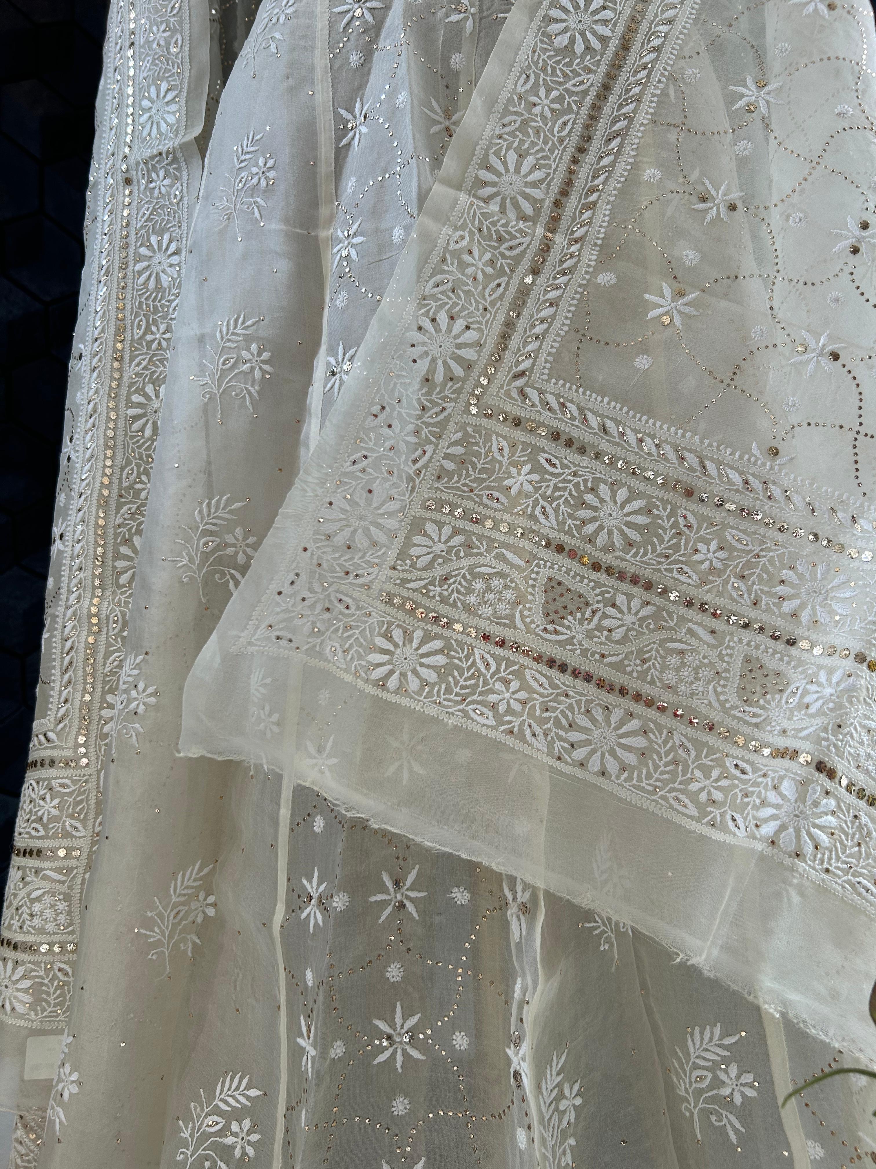 Ivory Organza Chikankari Mukaish Lehenga Set