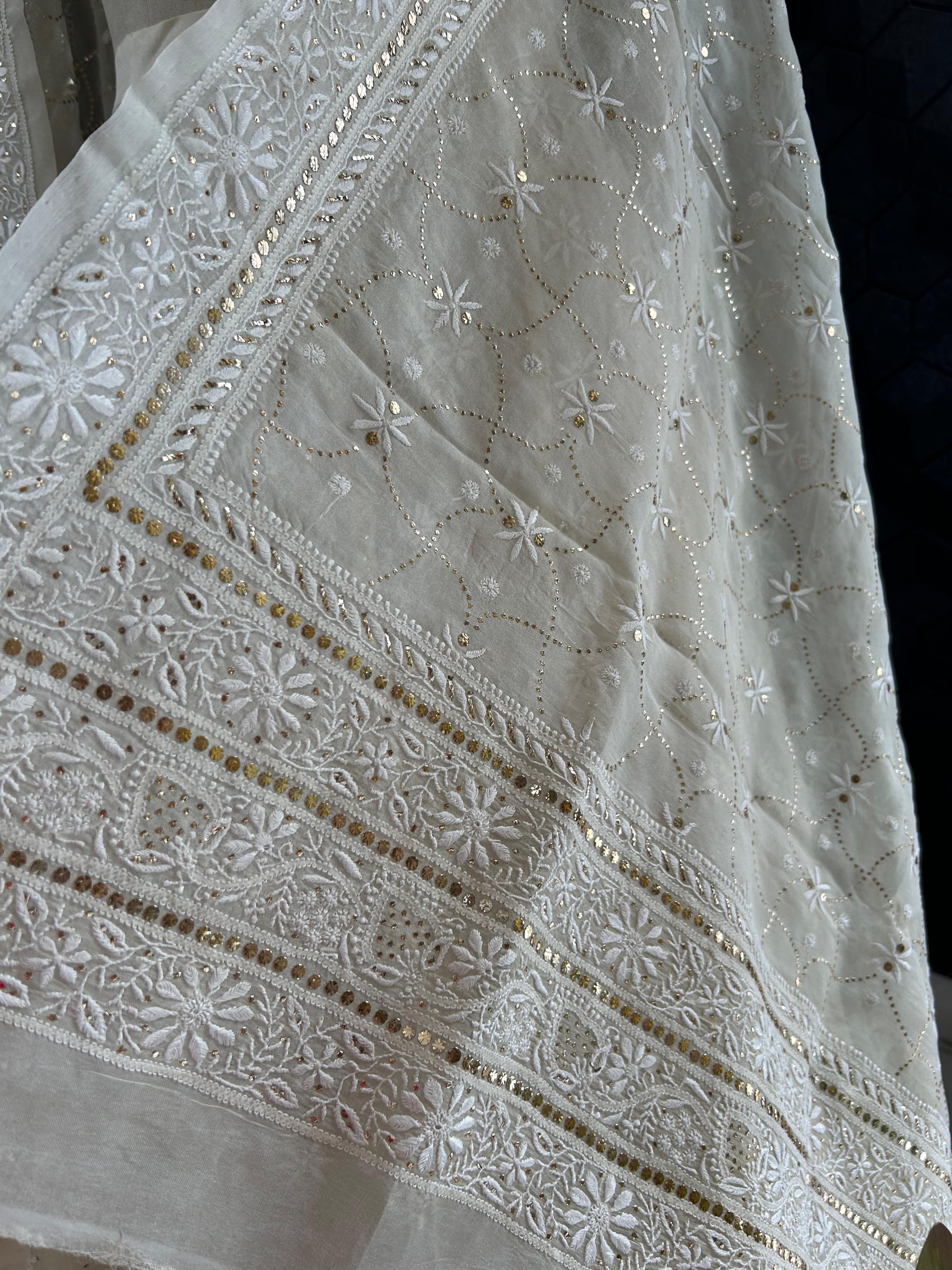Ivory Organza Chikankari Mukaish Lehenga Set