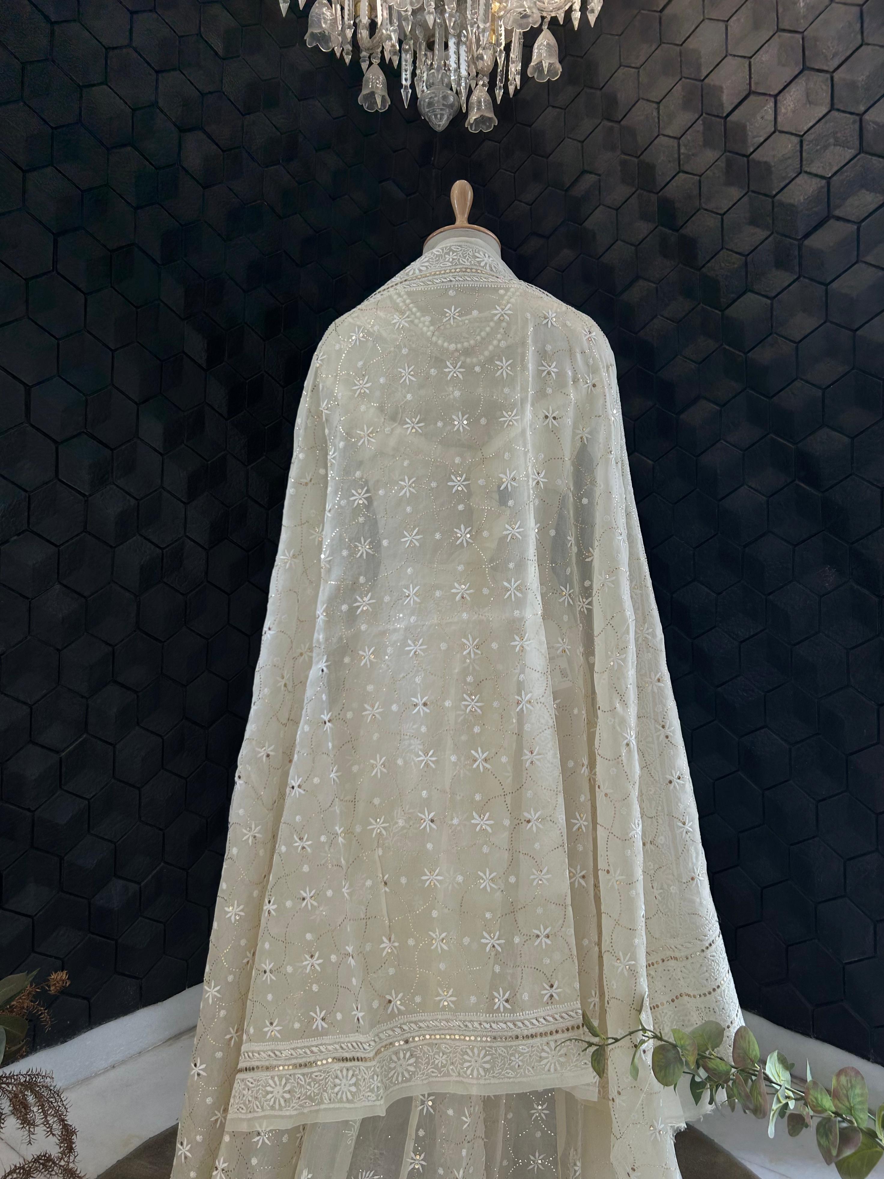 Ivory Organza Chikankari Mukaish Lehenga Set