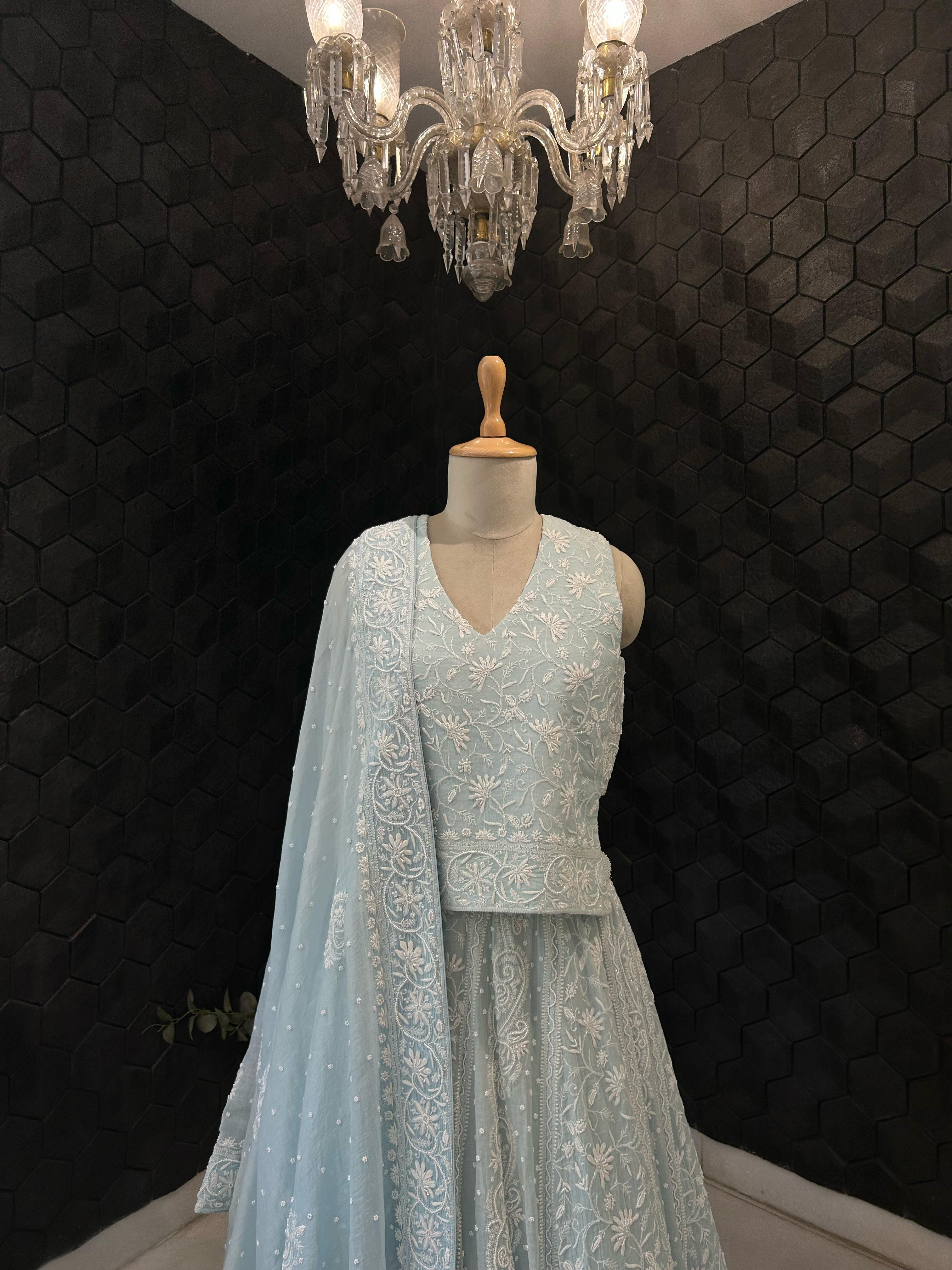 Blue Mul Chanderi Chikankari Lehenga Set