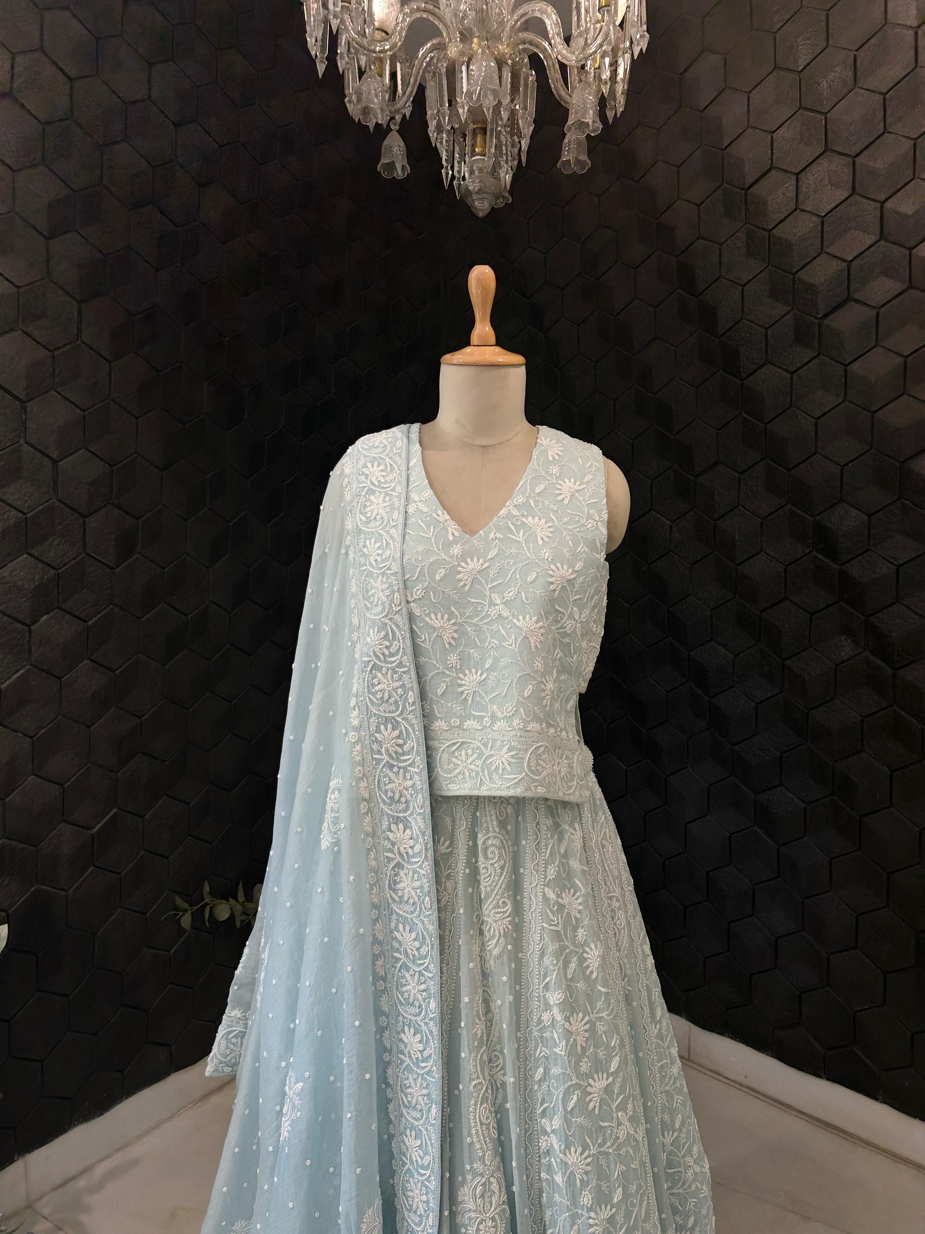 Blue Mul Chanderi Chikankari Lehenga Set