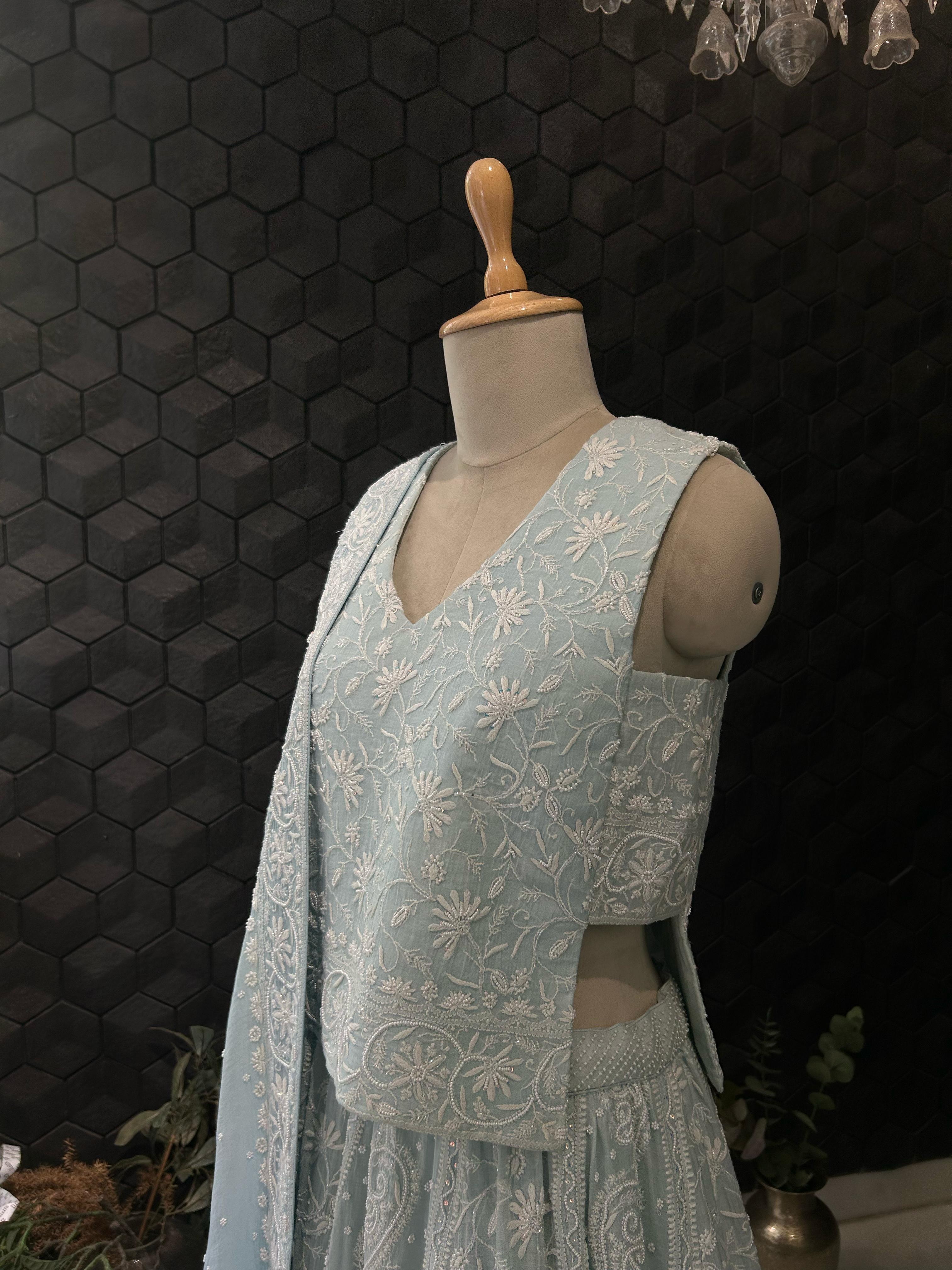 Blue Mul Chanderi Chikankari Lehenga Set