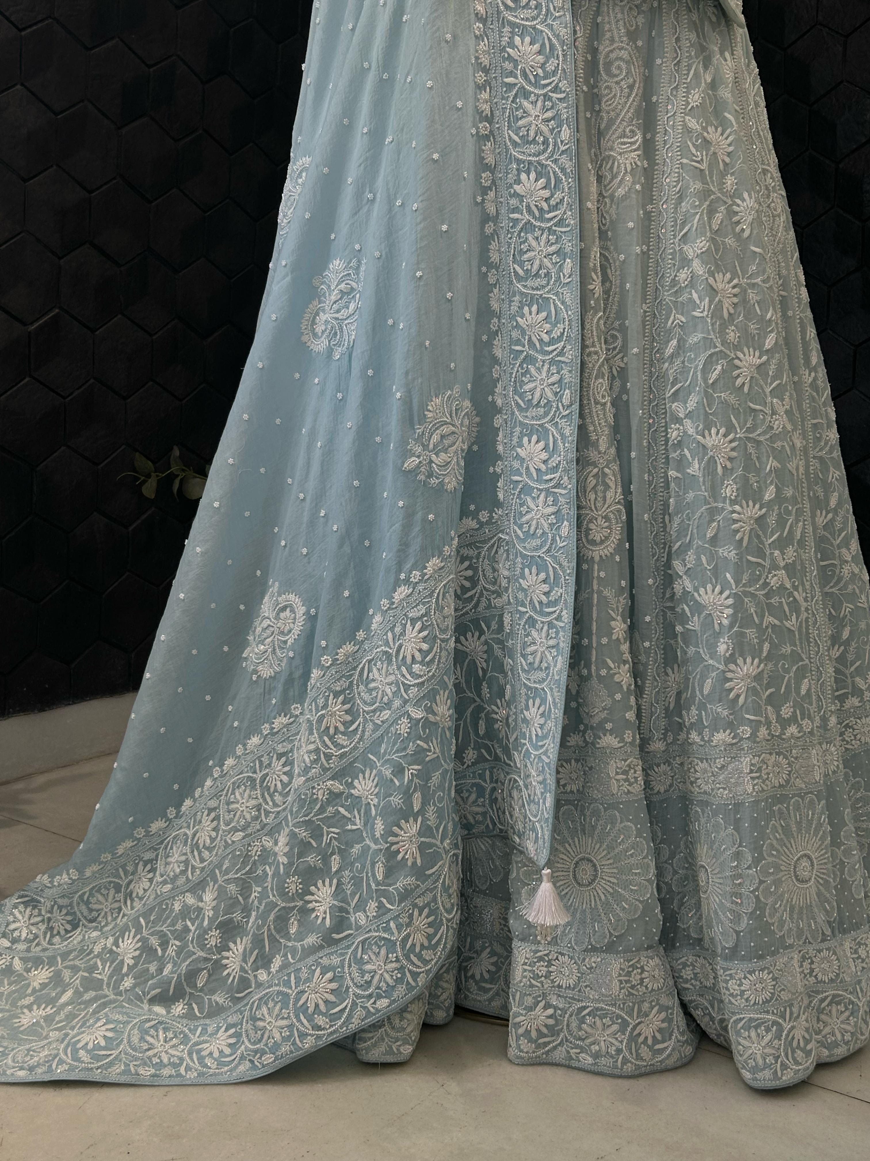 Blue Mul Chanderi Chikankari Lehenga Set