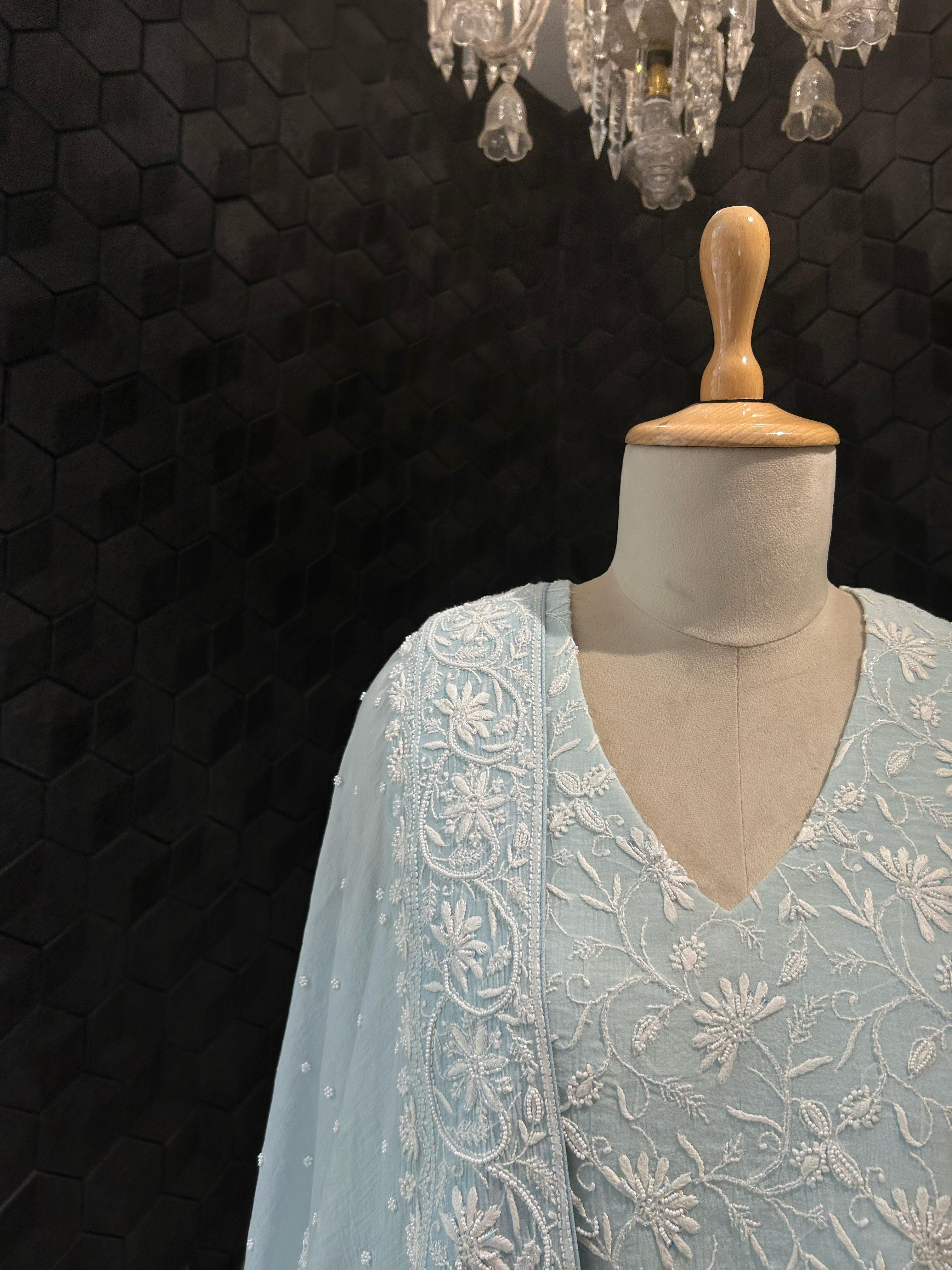 Blue Mul Chanderi Chikankari Lehenga Set