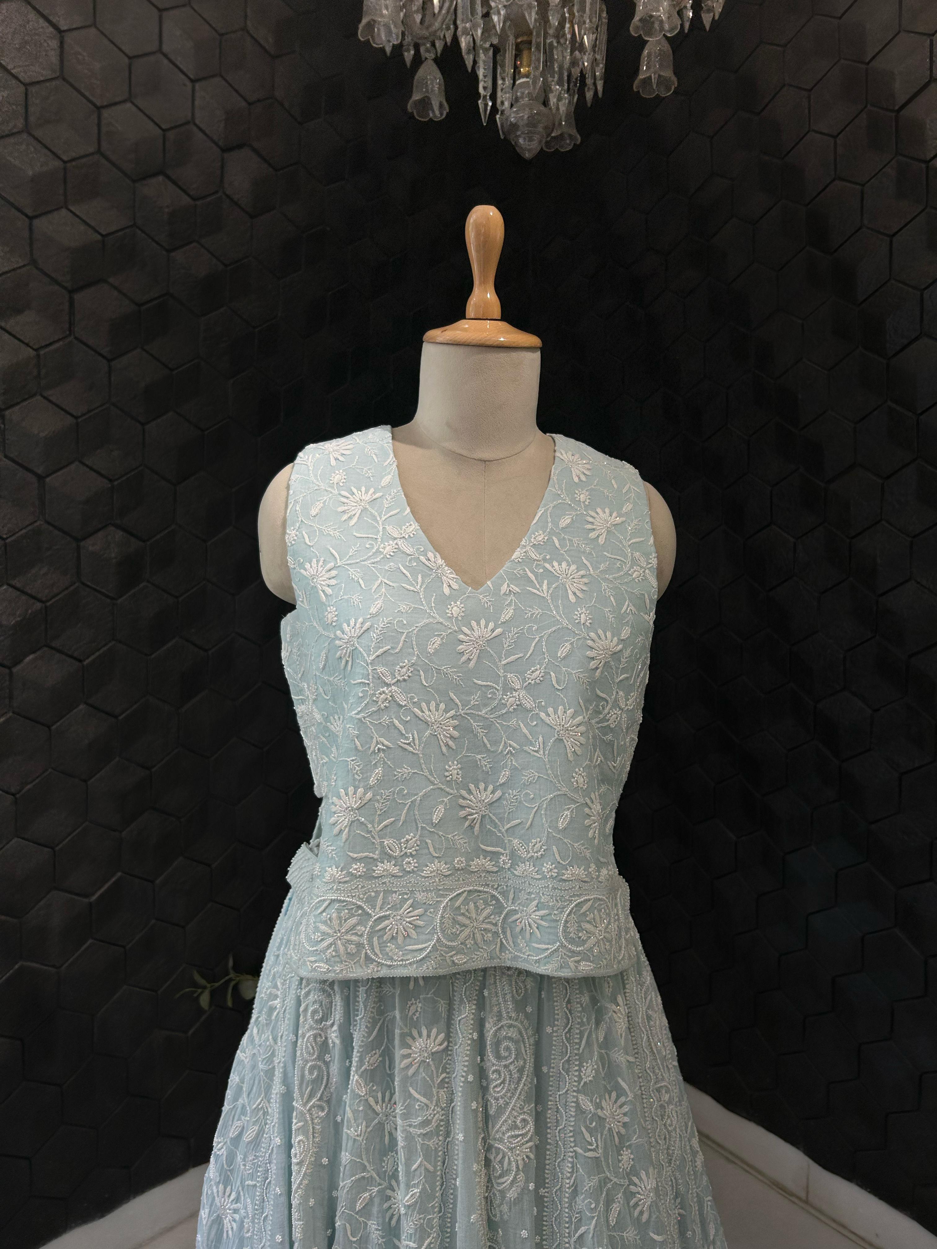 Blue Mul Chanderi Chikankari Lehenga Set