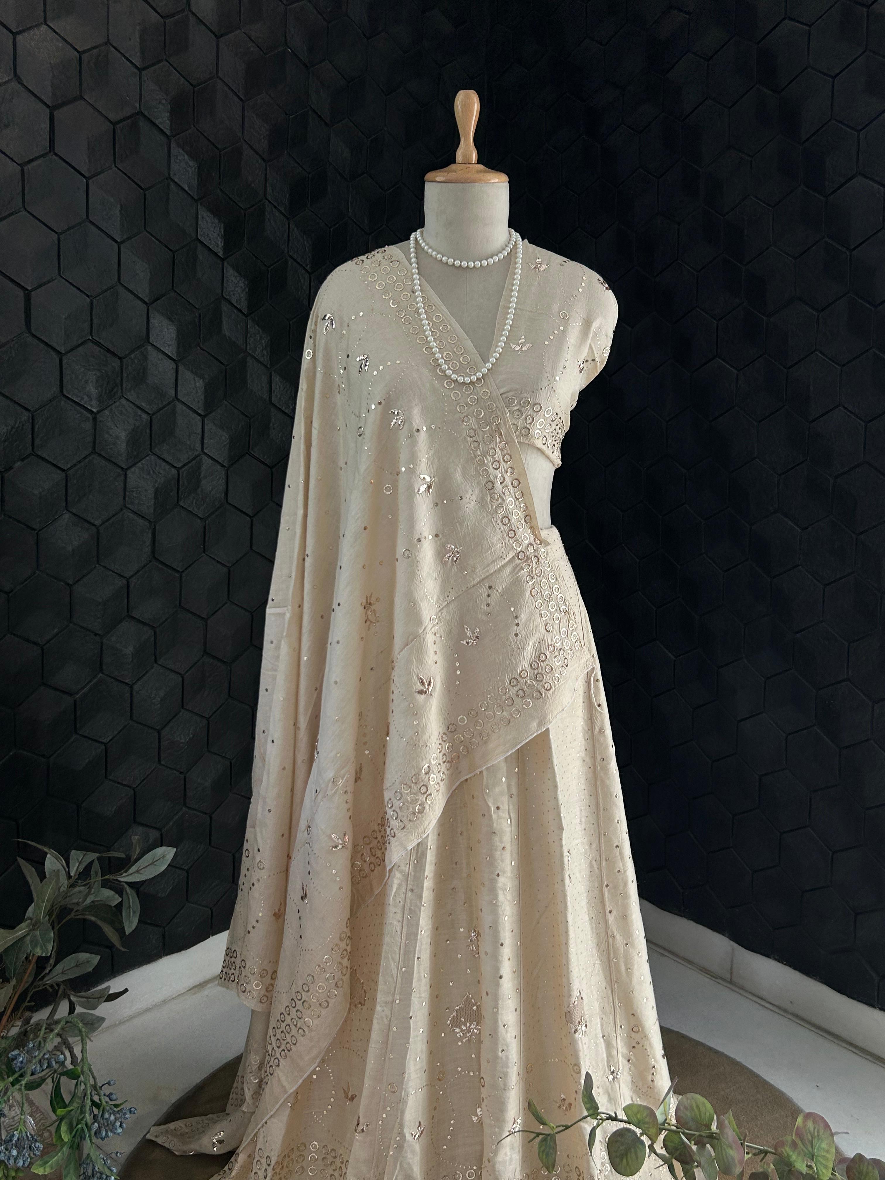 Natural Tussar Silk Mukaish Lehenga Set