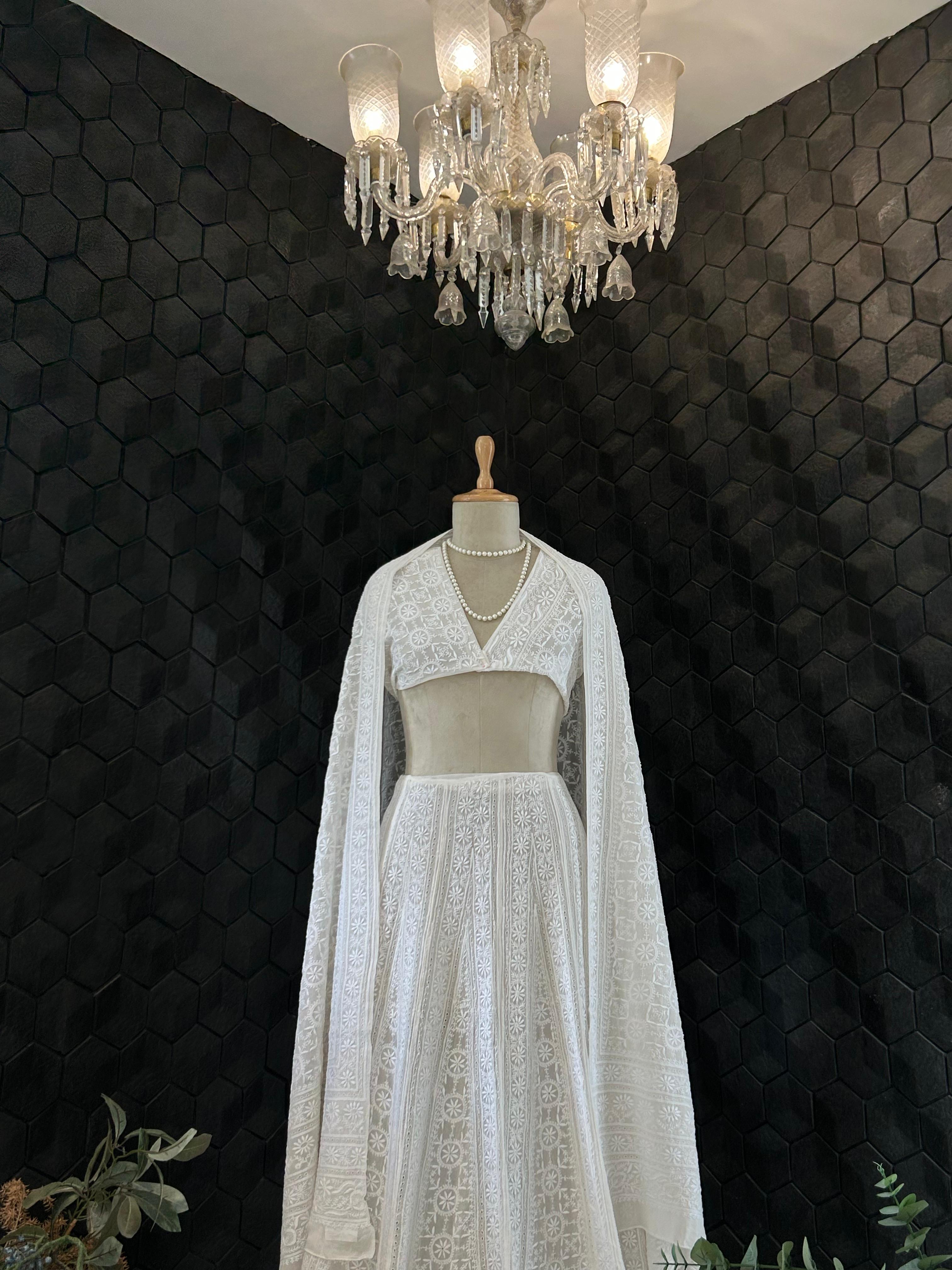 White Georgette Chikankari Lehenga Set