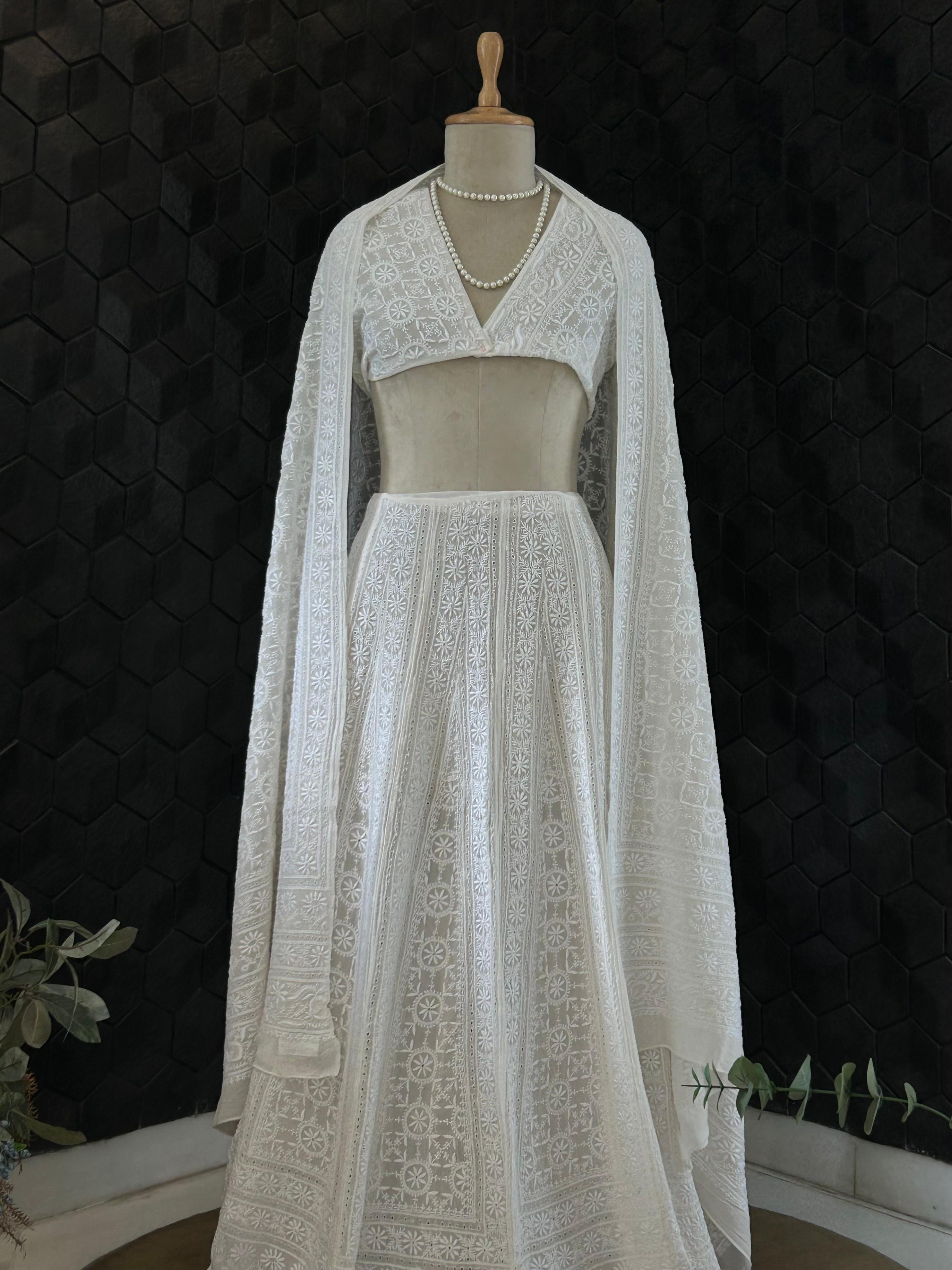 White Georgette Chikankari Lehenga Set