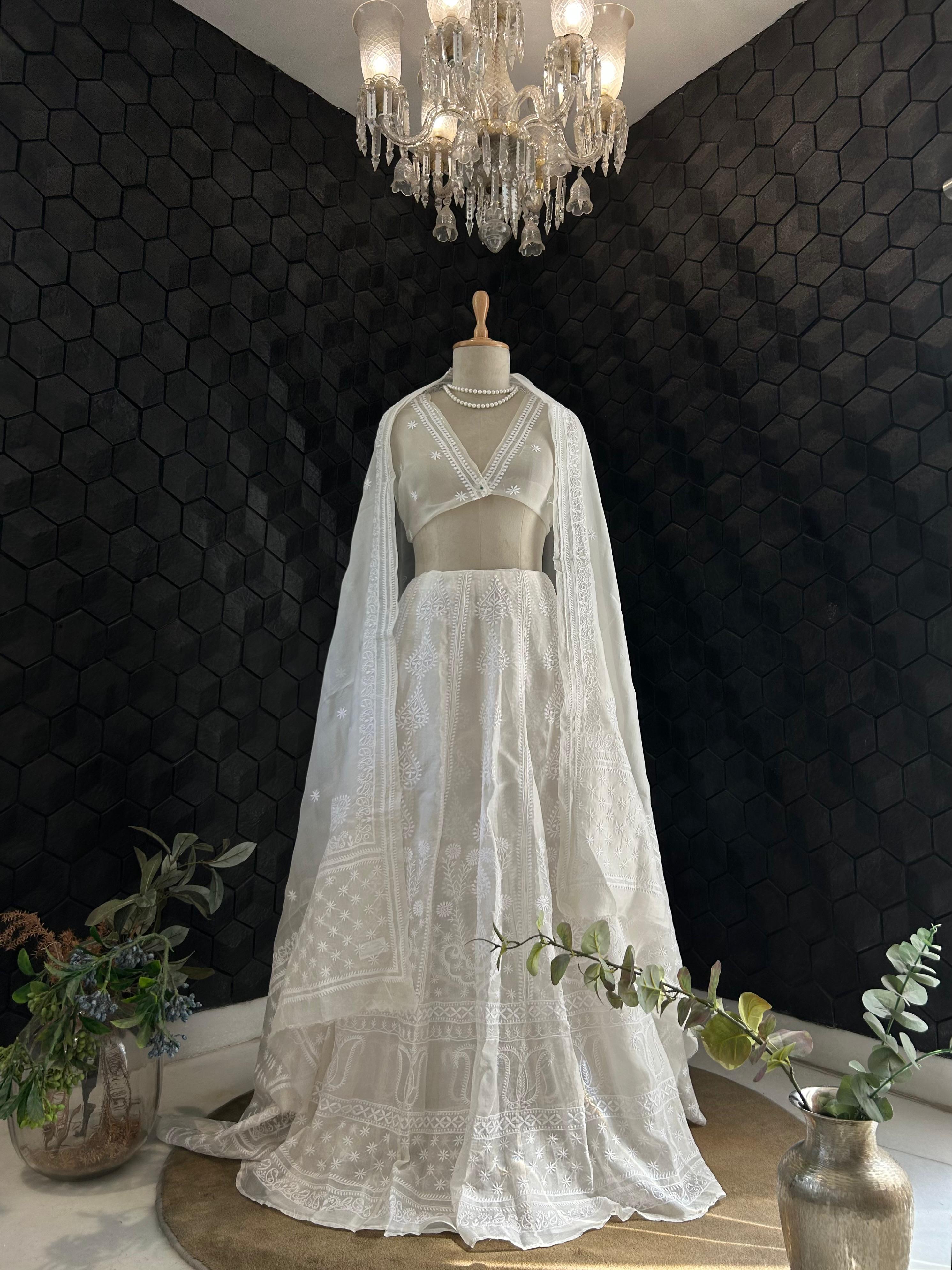White Organza Dyeable Chikankari Lehenga Set