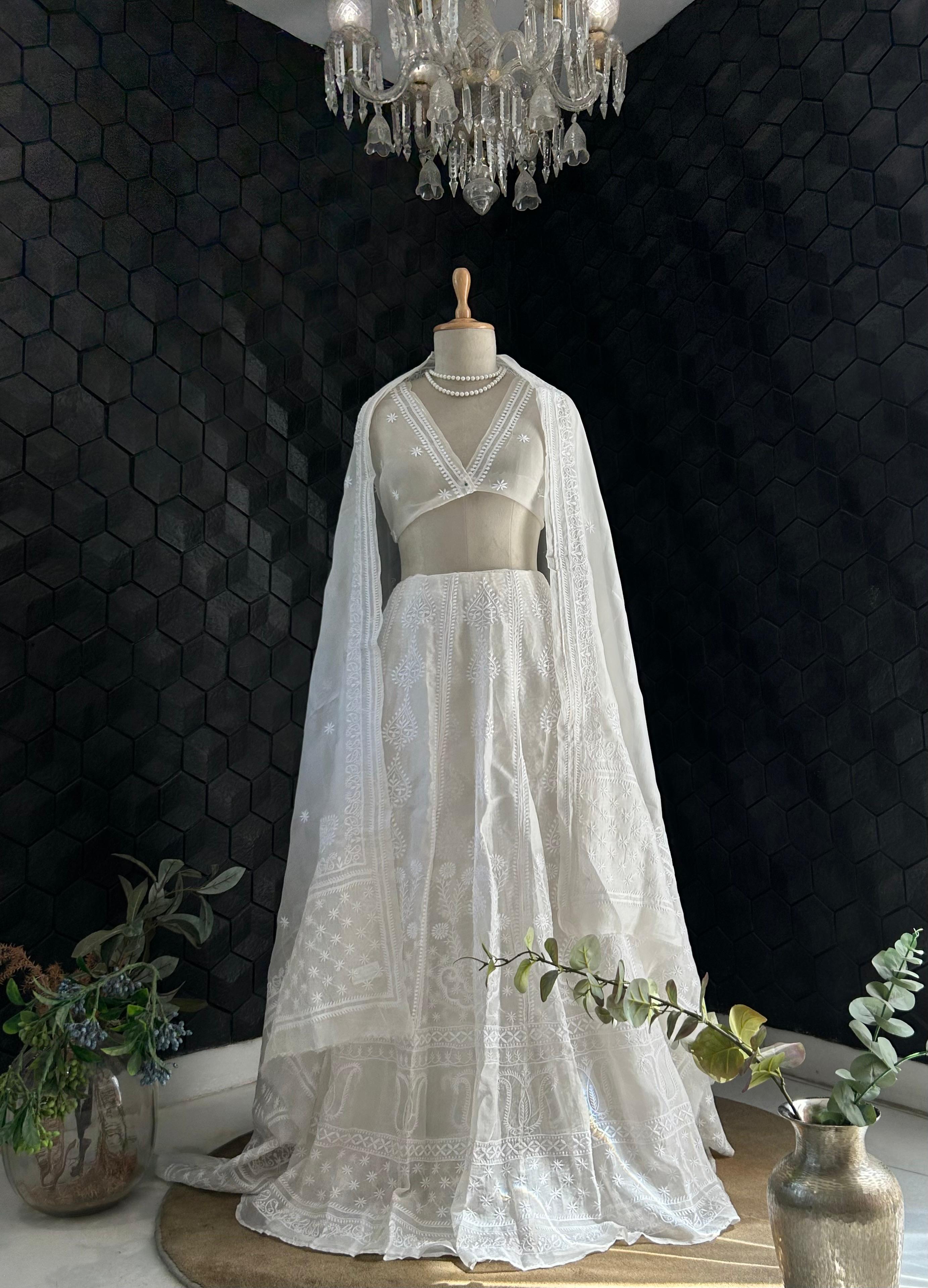 White Organza Dyeable Chikankari Lehenga Set