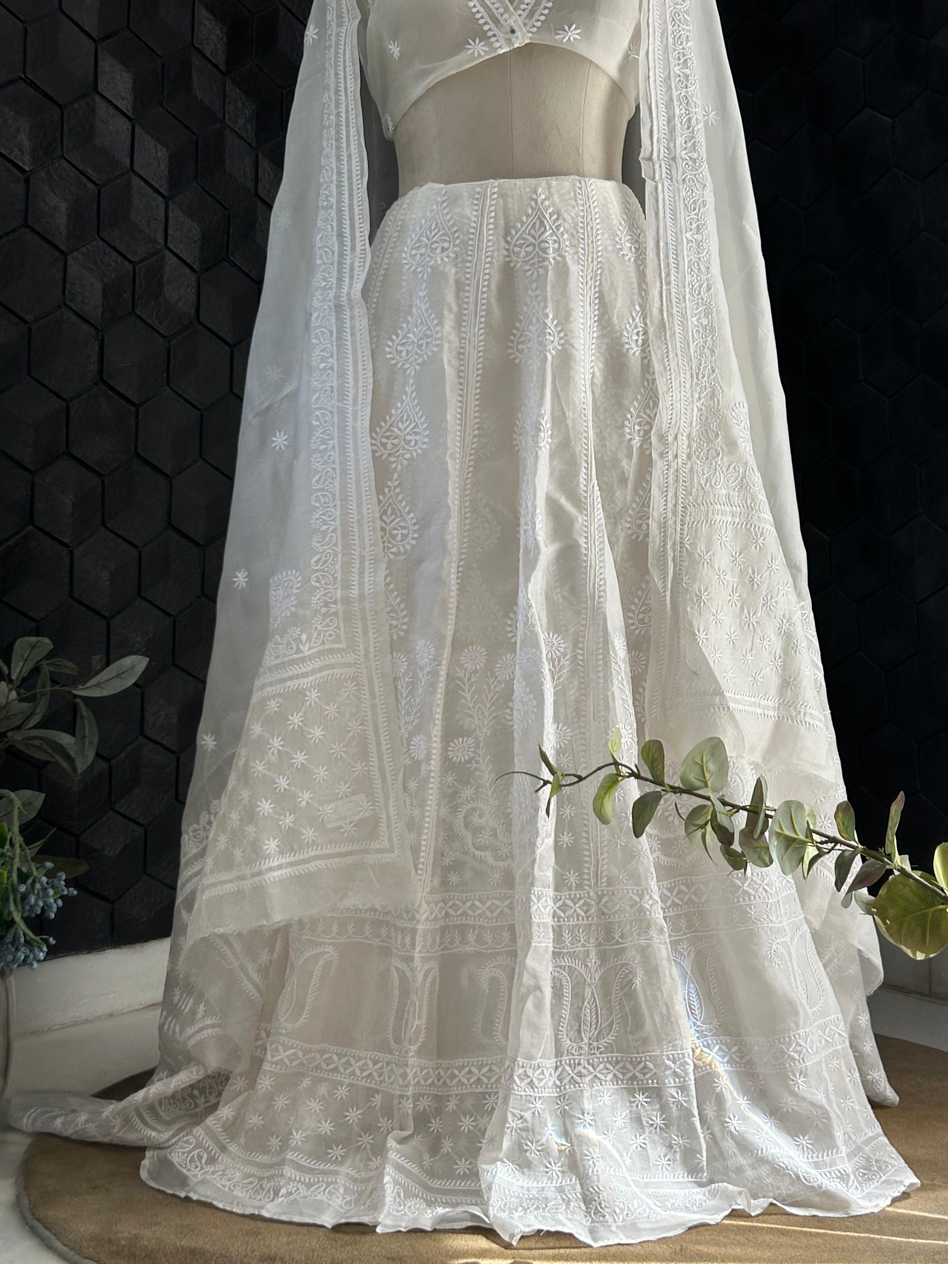 White Organza Dyeable Chikankari Lehenga Set