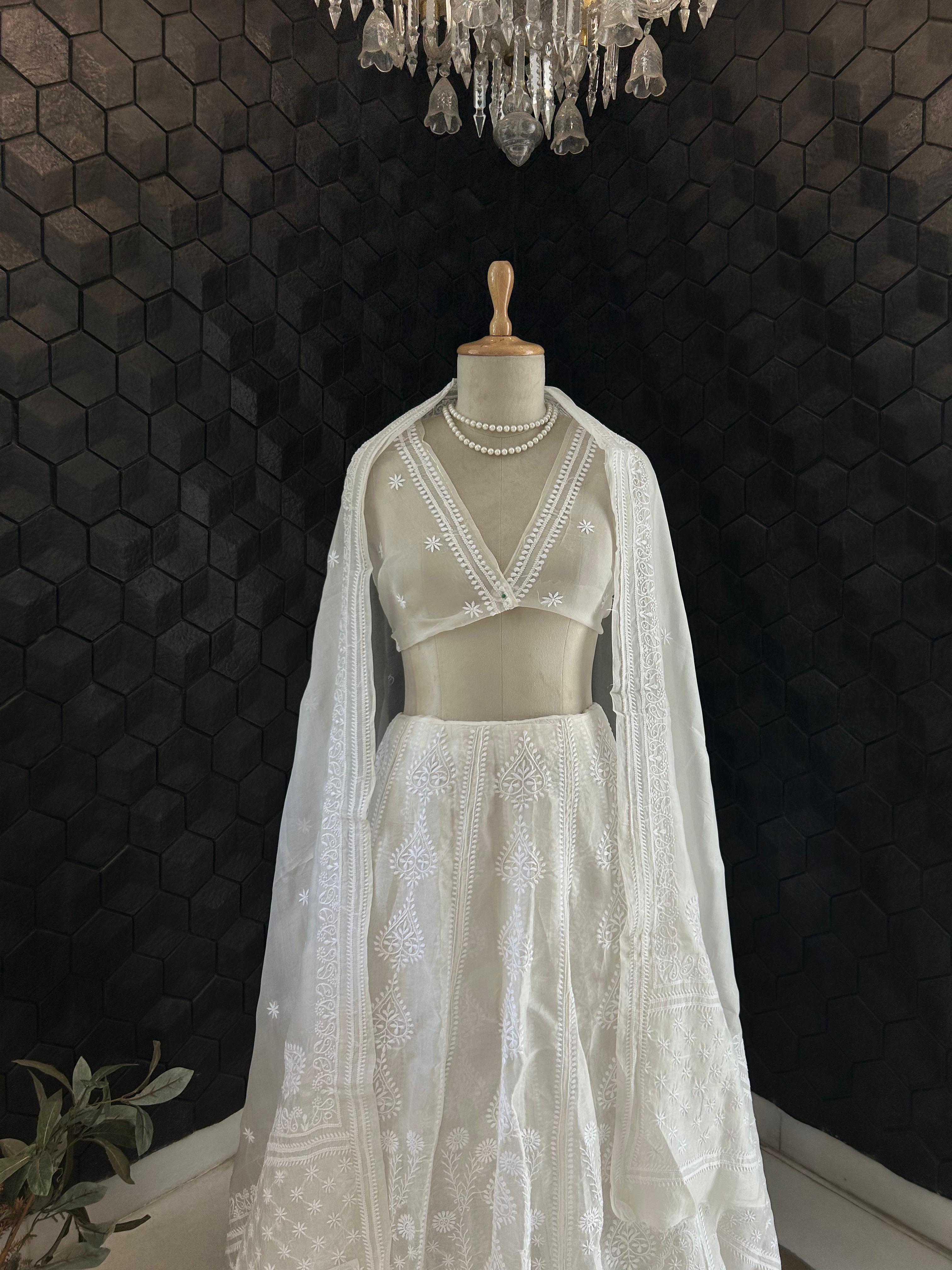 White Organza Dyeable Chikankari Lehenga Set
