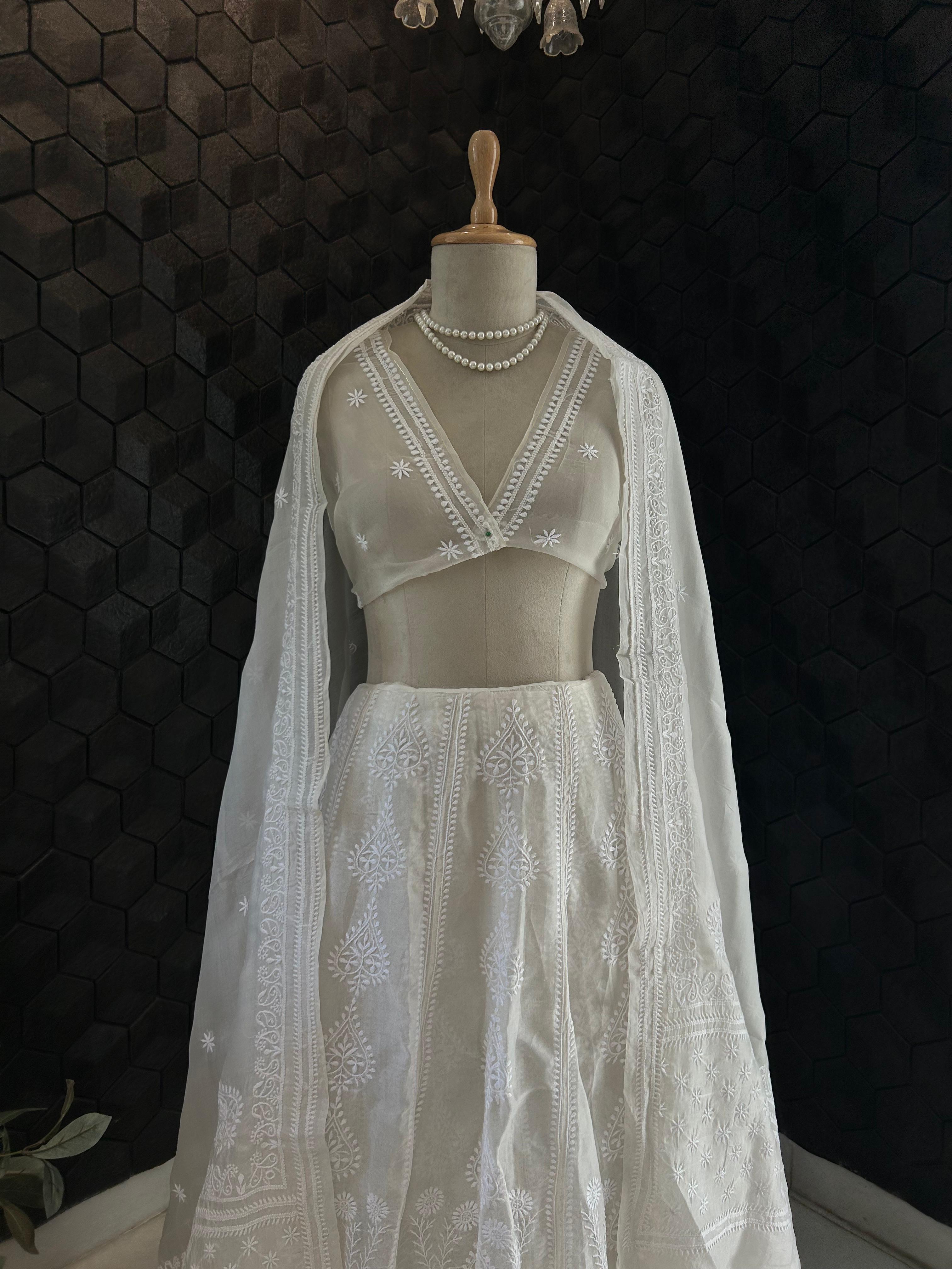 White Organza Dyeable Chikankari Lehenga Set