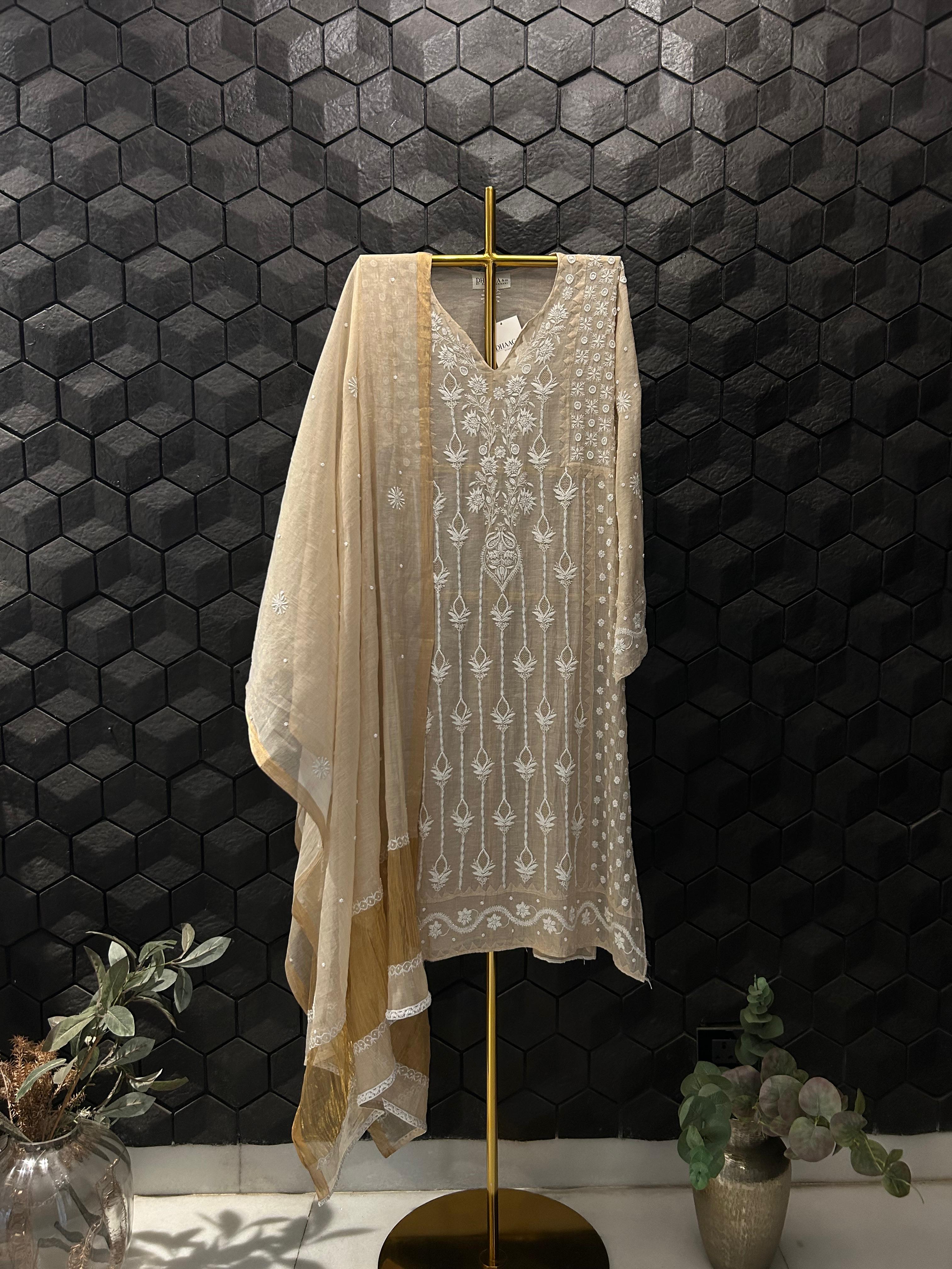 Beige Tissue Chikankari Kurta Set