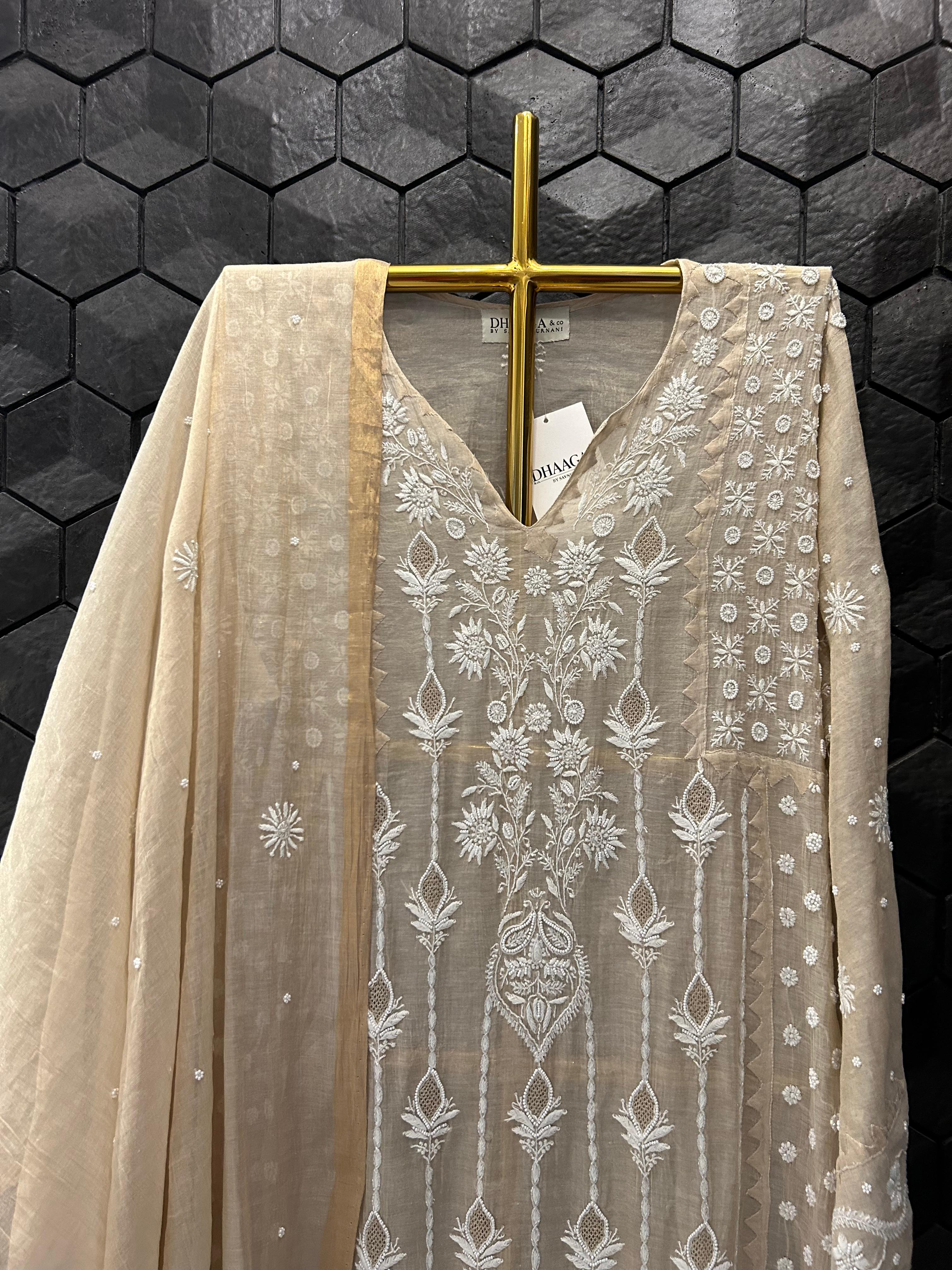 Beige Tissue Chikankari Kurta Set