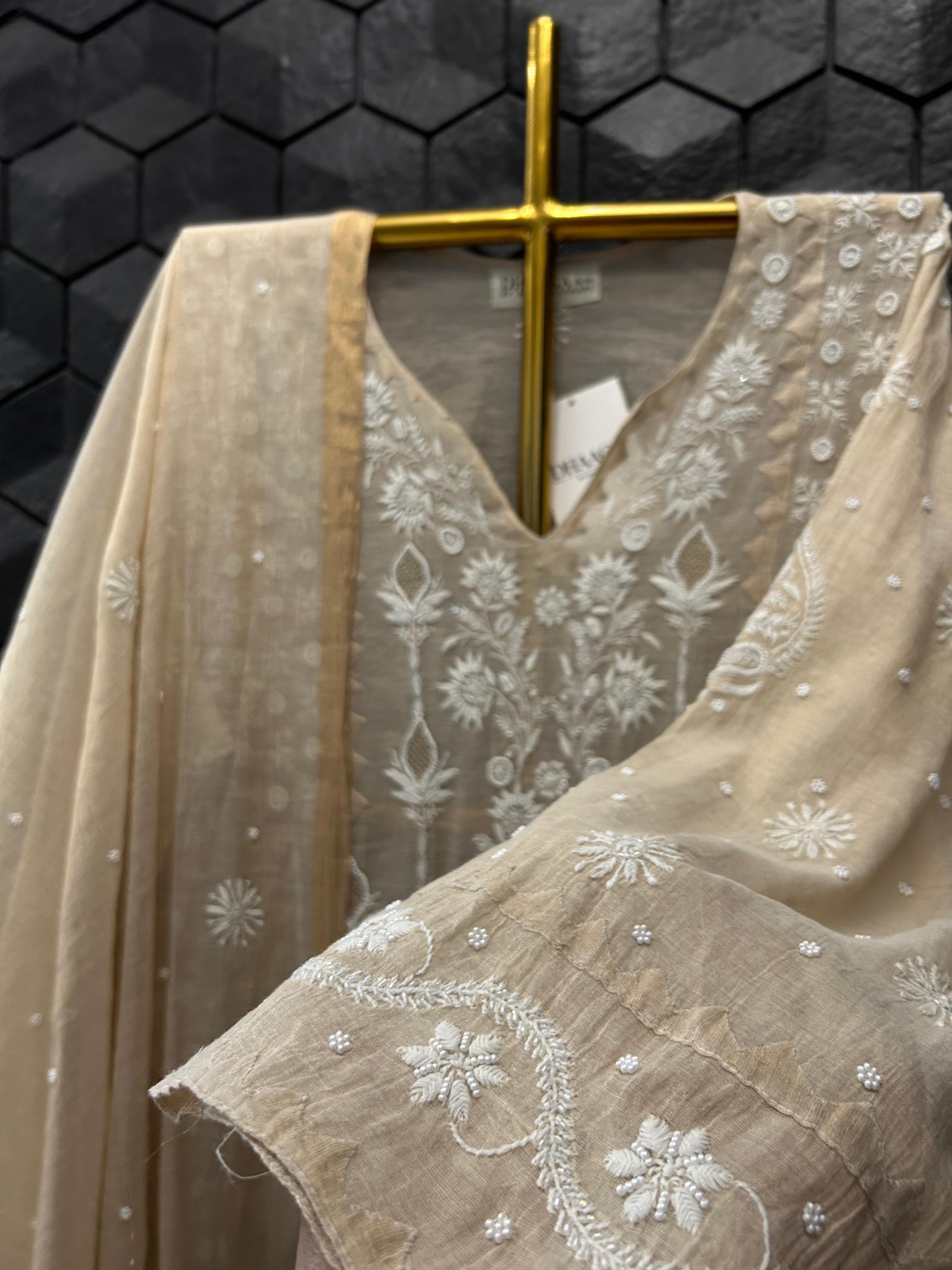 Beige Tissue Chikankari Kurta Set