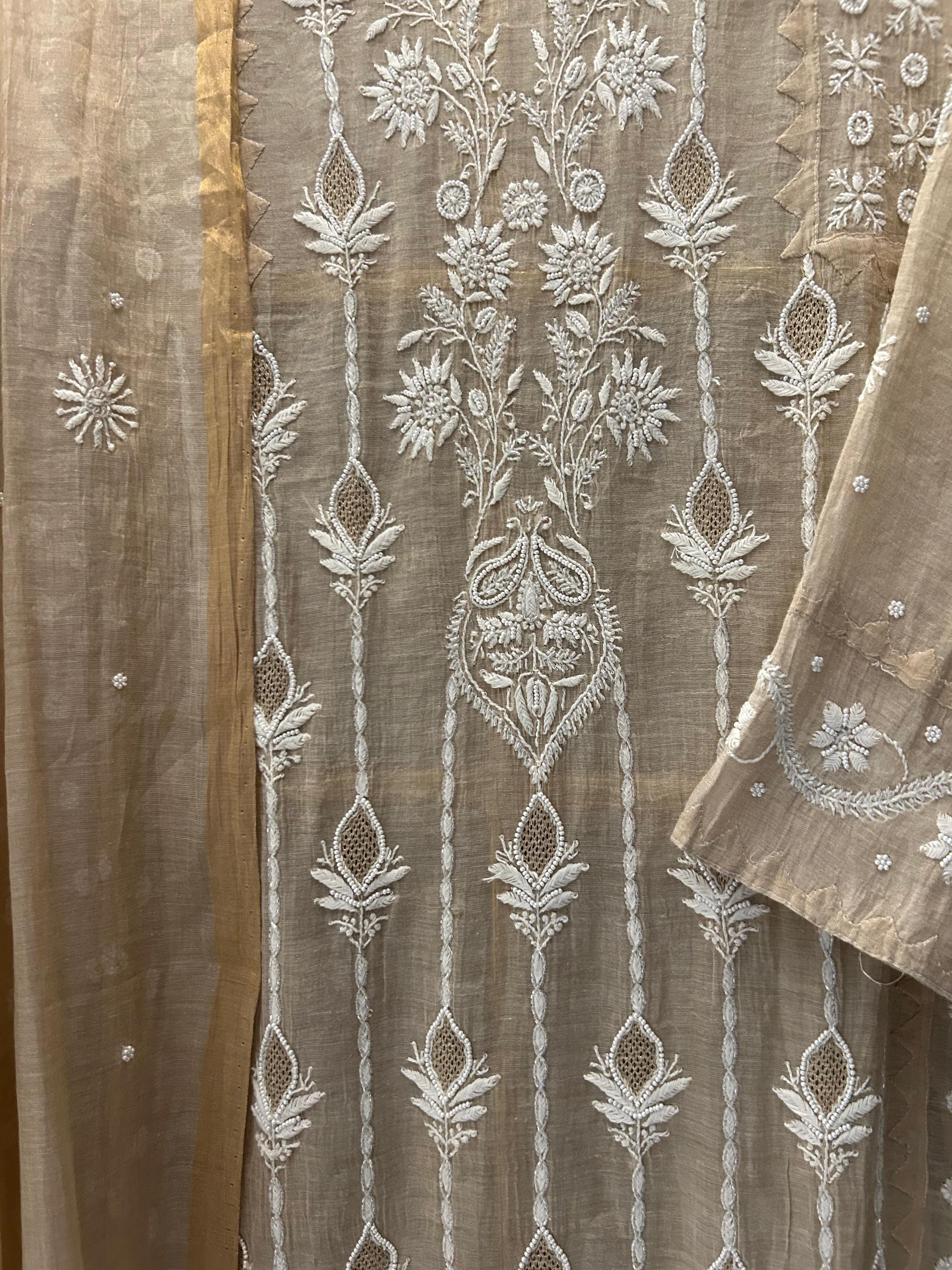 Beige Tissue Chikankari Kurta Set