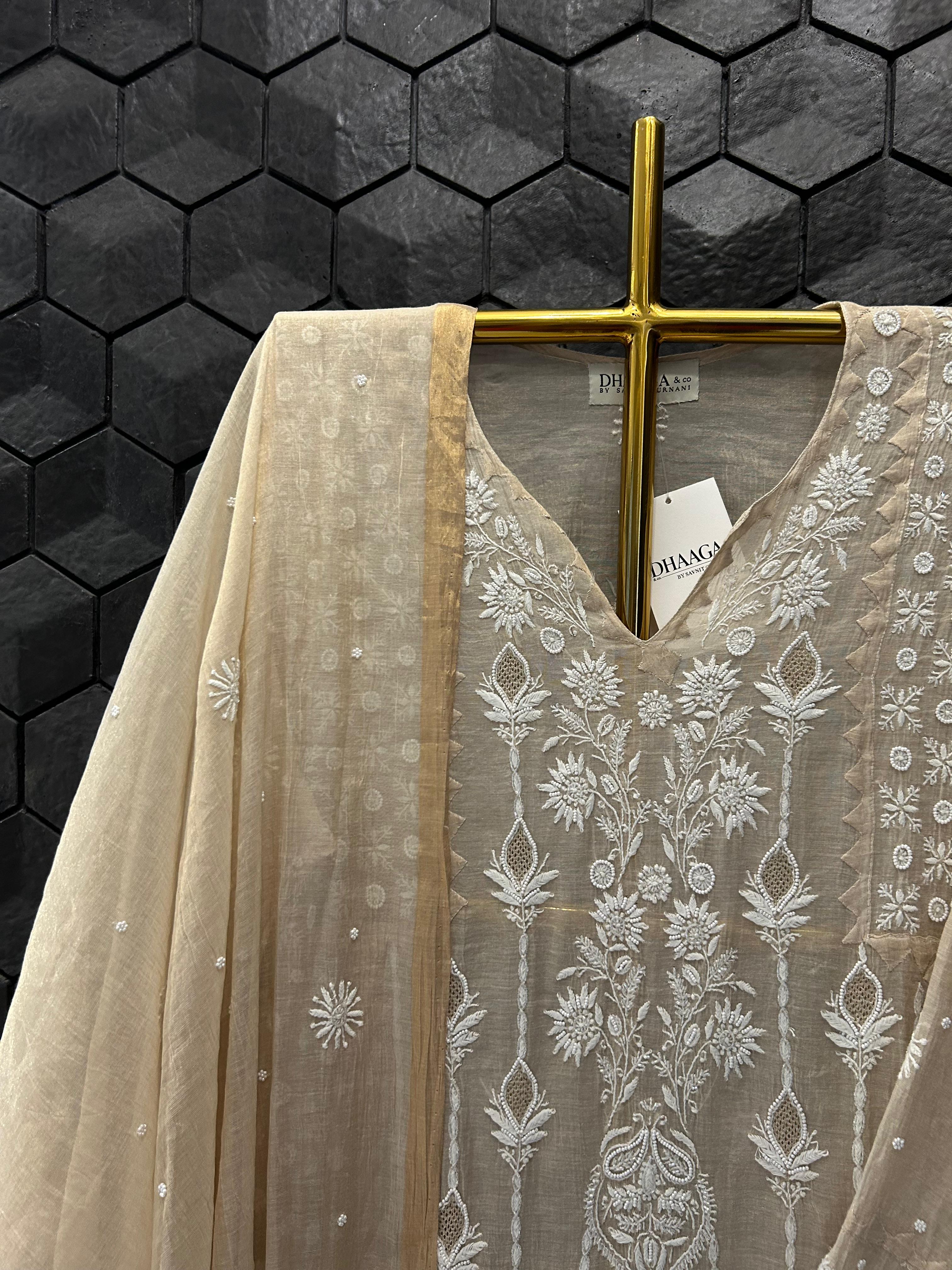 Beige Tissue Chikankari Kurta Set