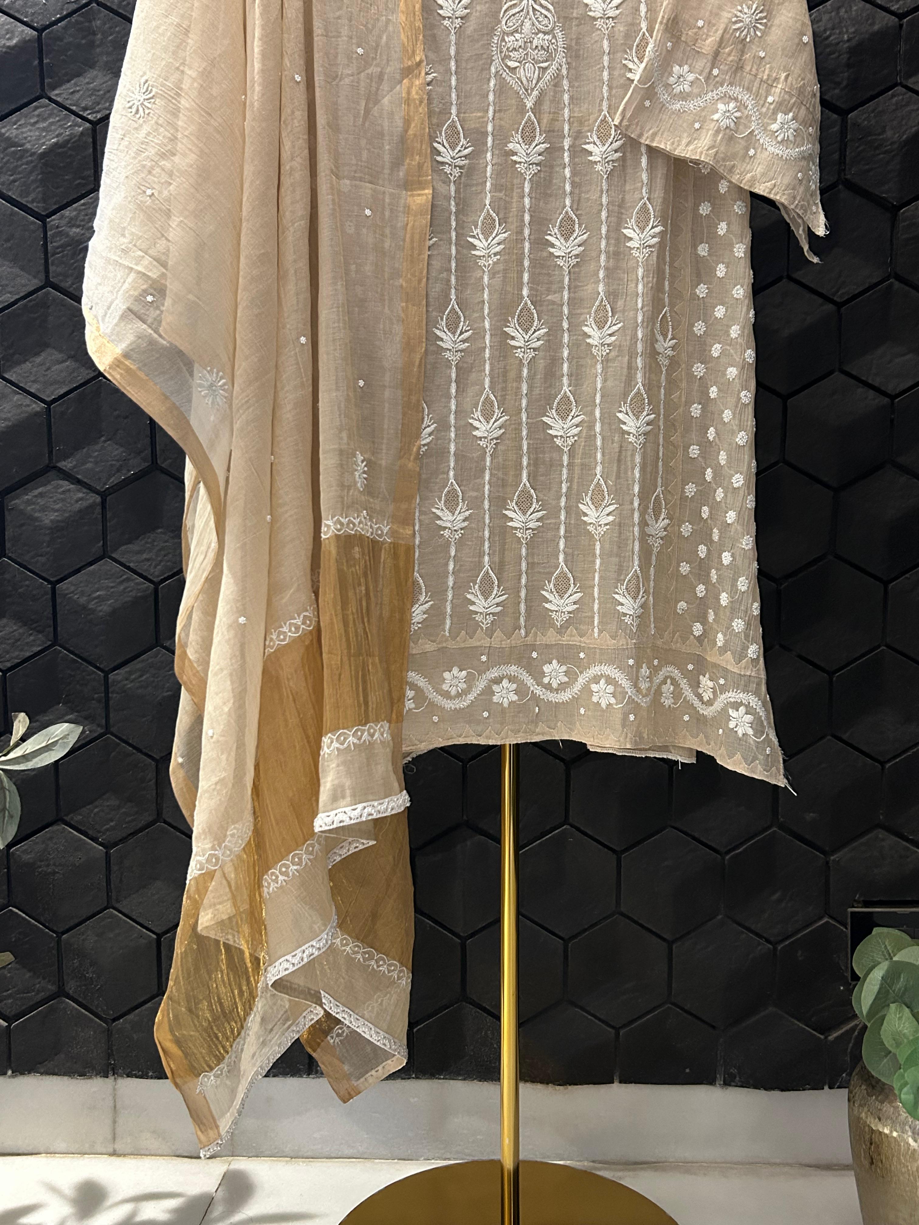 Beige Tissue Chikankari Kurta Set