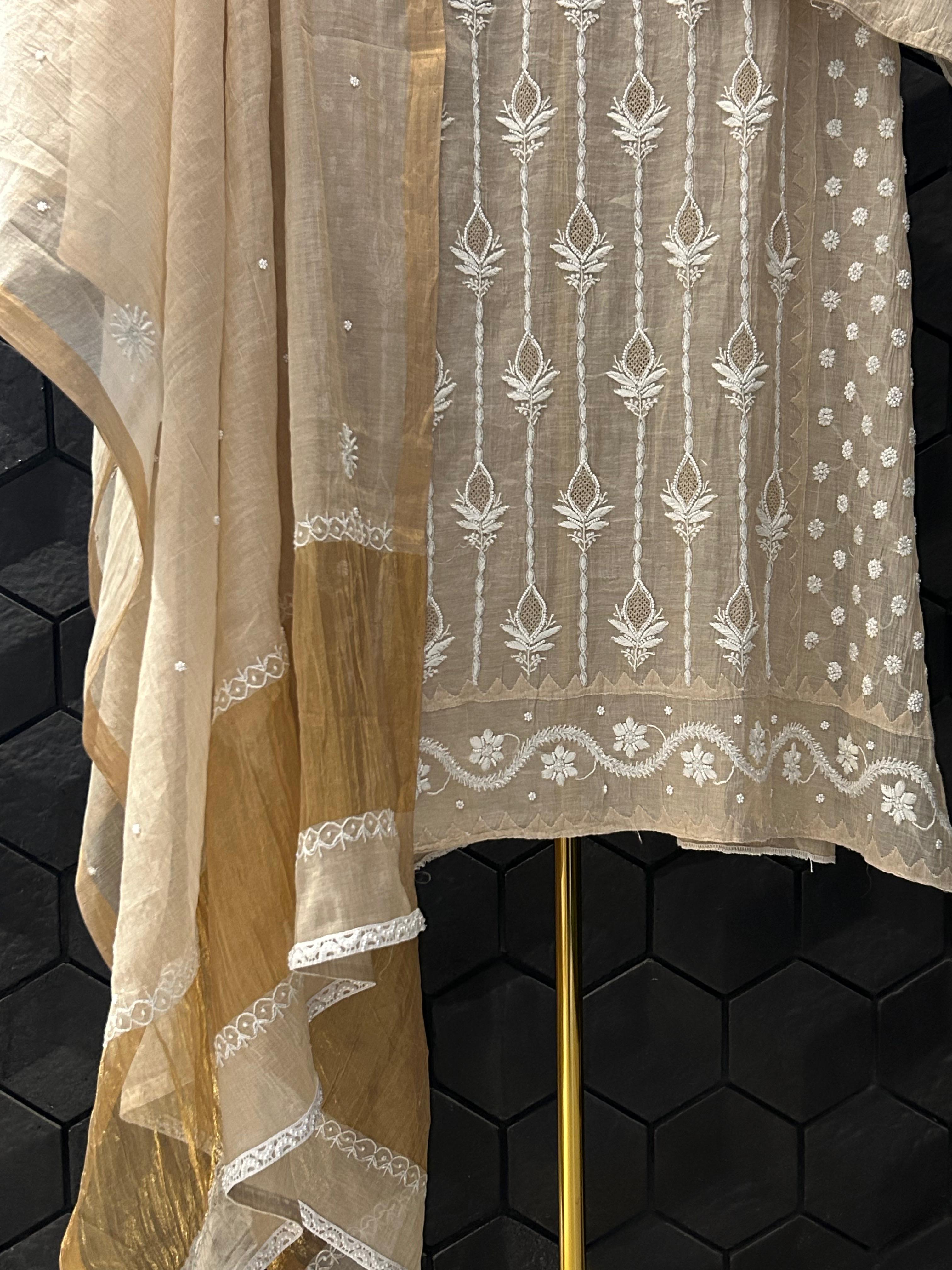 Beige Tissue Chikankari Kurta Set
