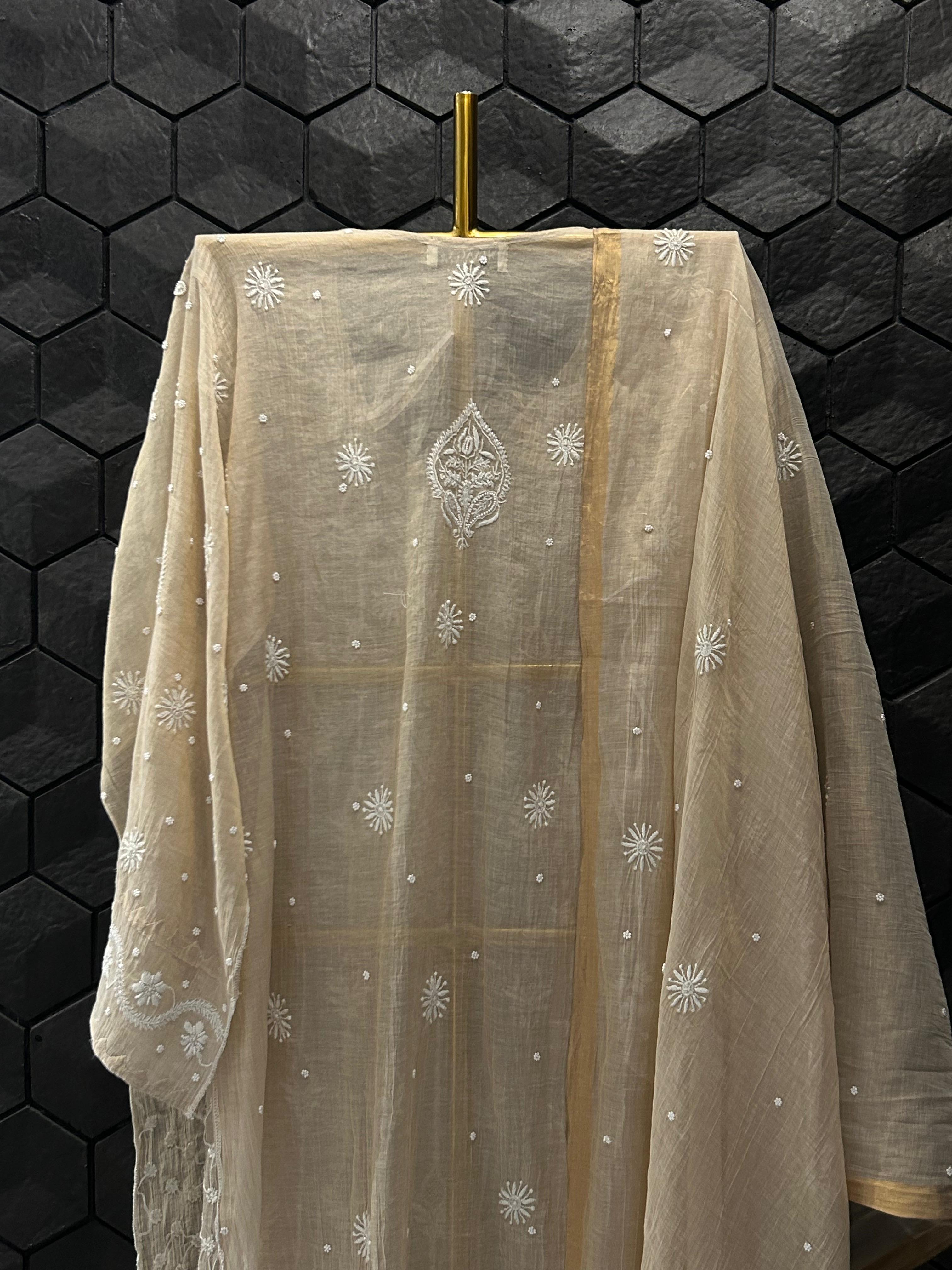 Beige Tissue Chikankari Kurta Set