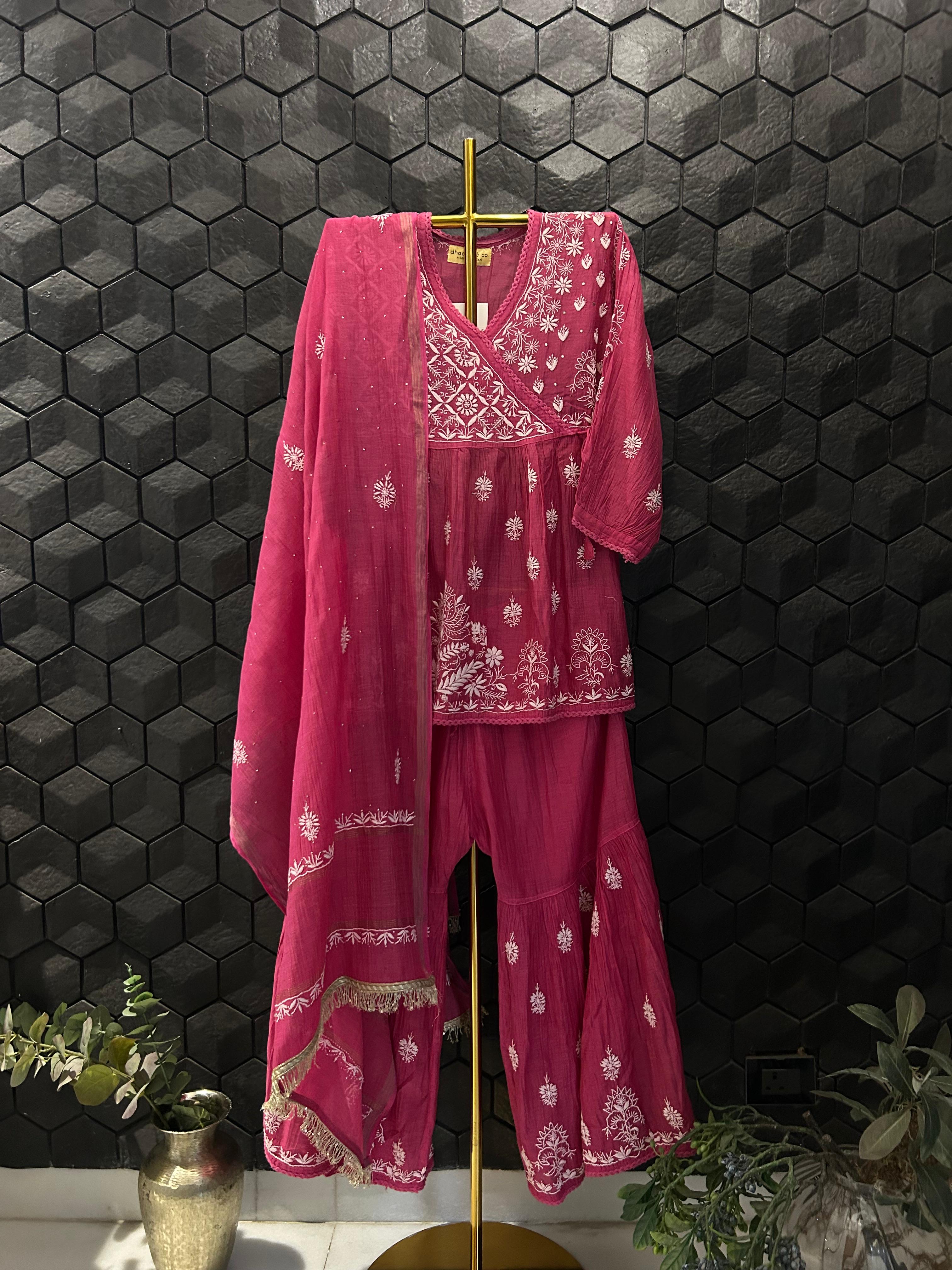 Magenta Mul Chanderi Chikankari Sharara Set