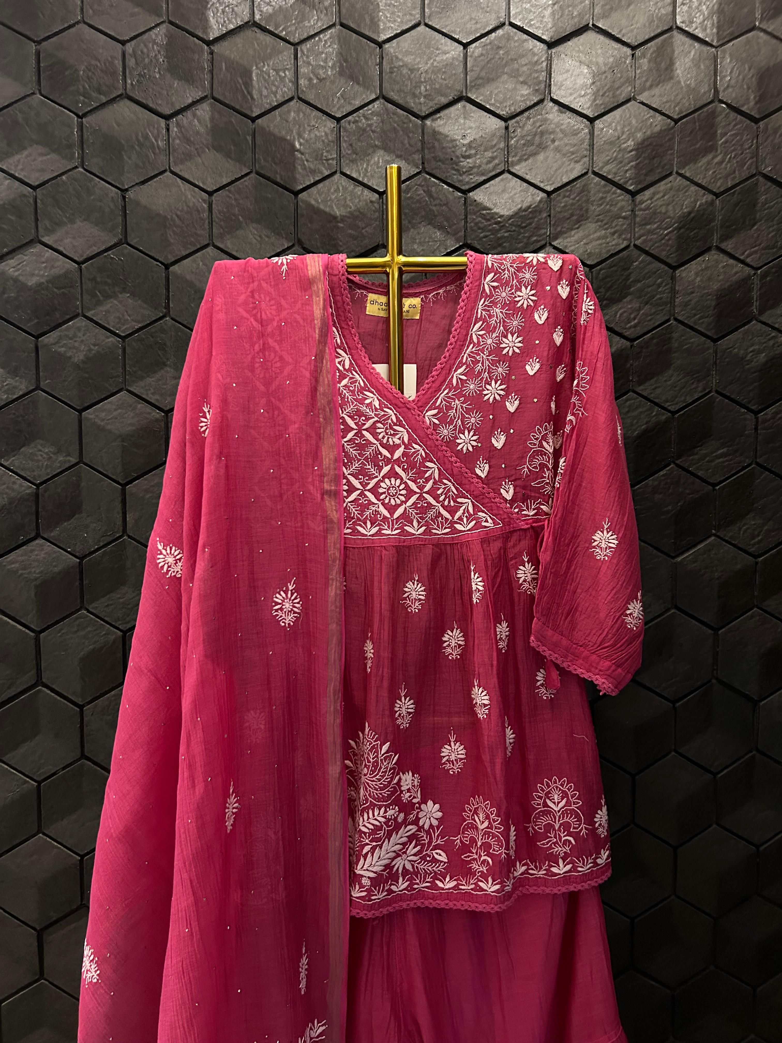 Magenta Mul Chanderi Chikankari Sharara Set