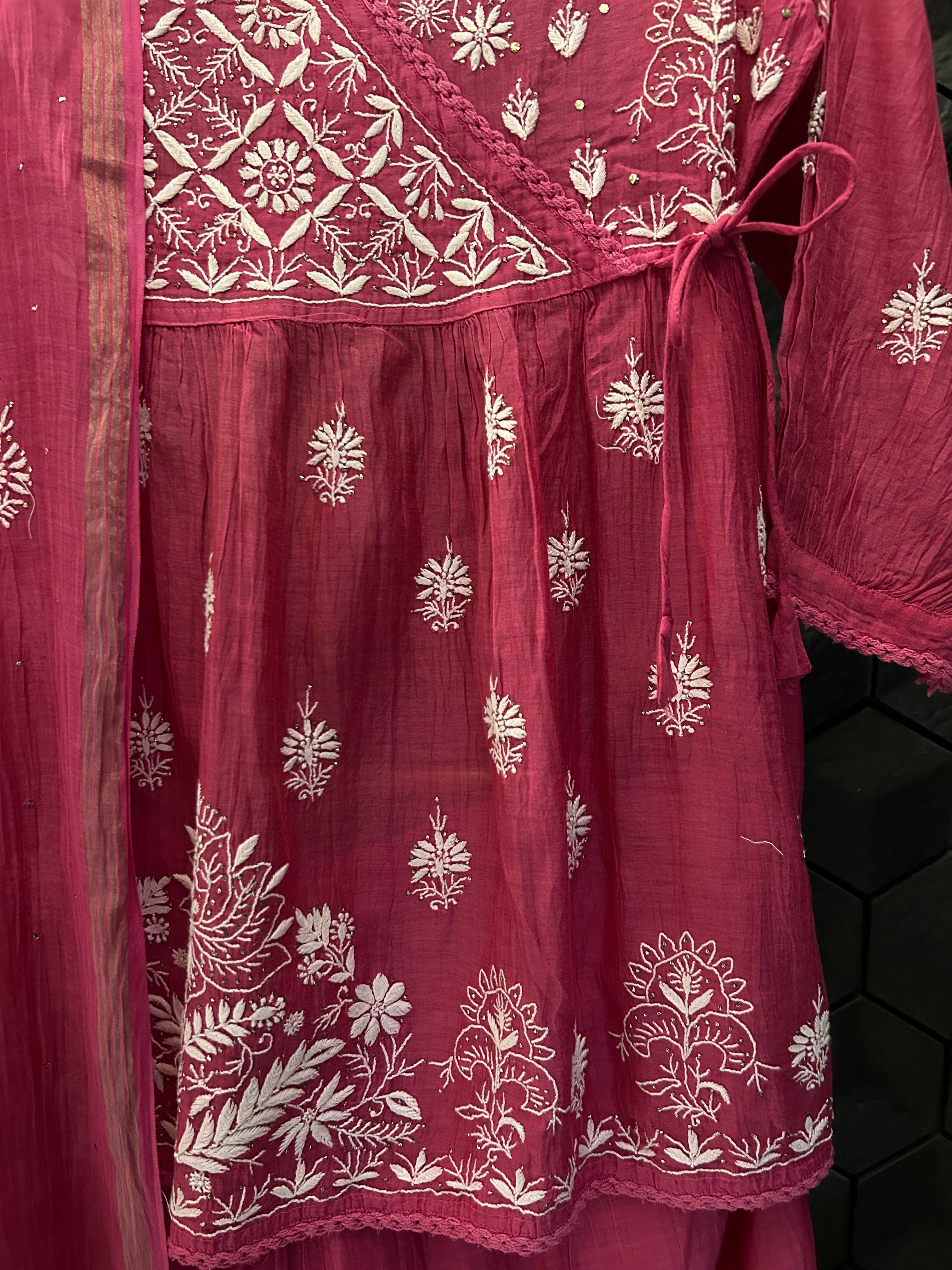 Magenta Mul Chanderi Chikankari Sharara Set