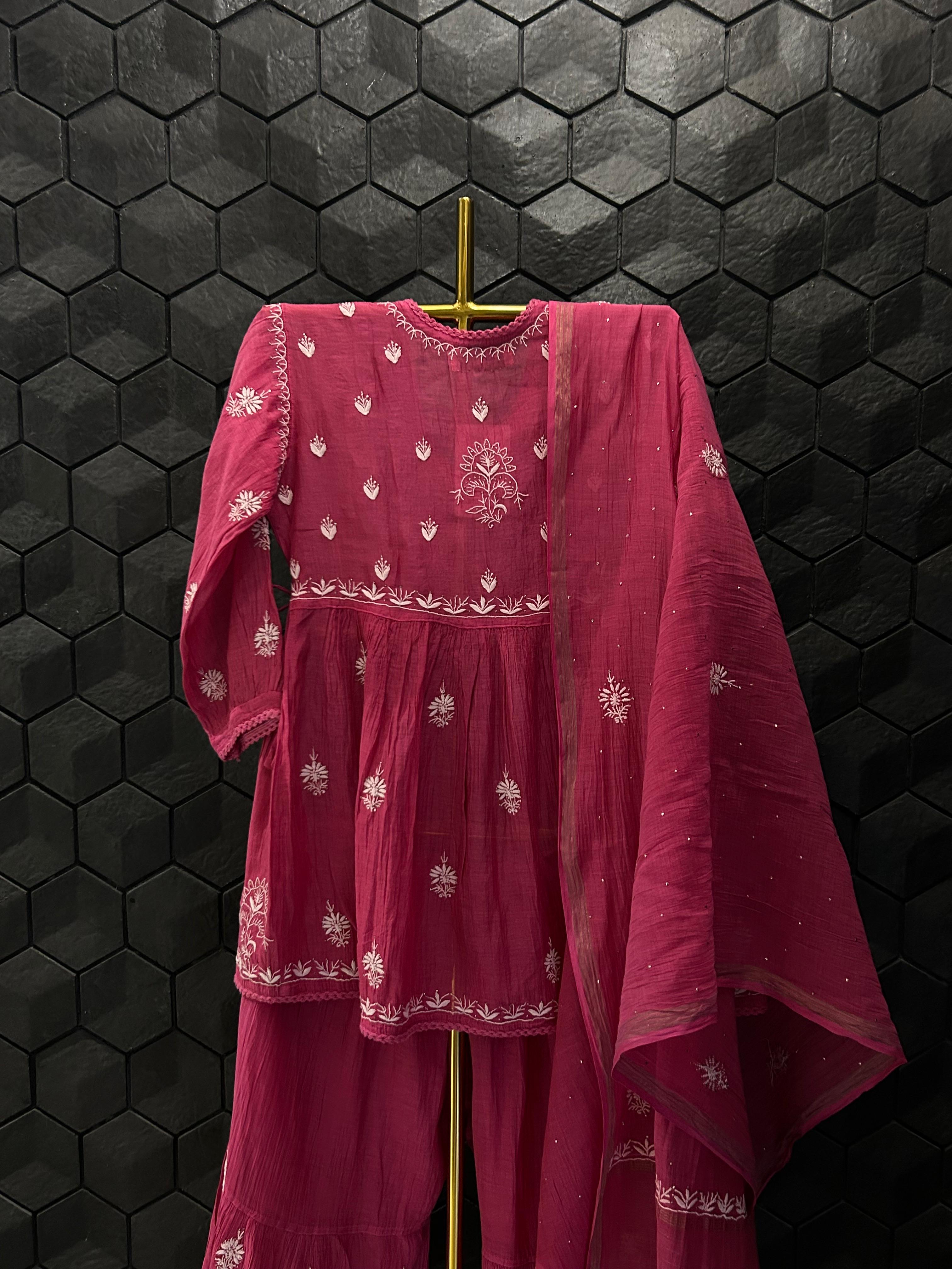 Magenta Mul Chanderi Chikankari Sharara Set