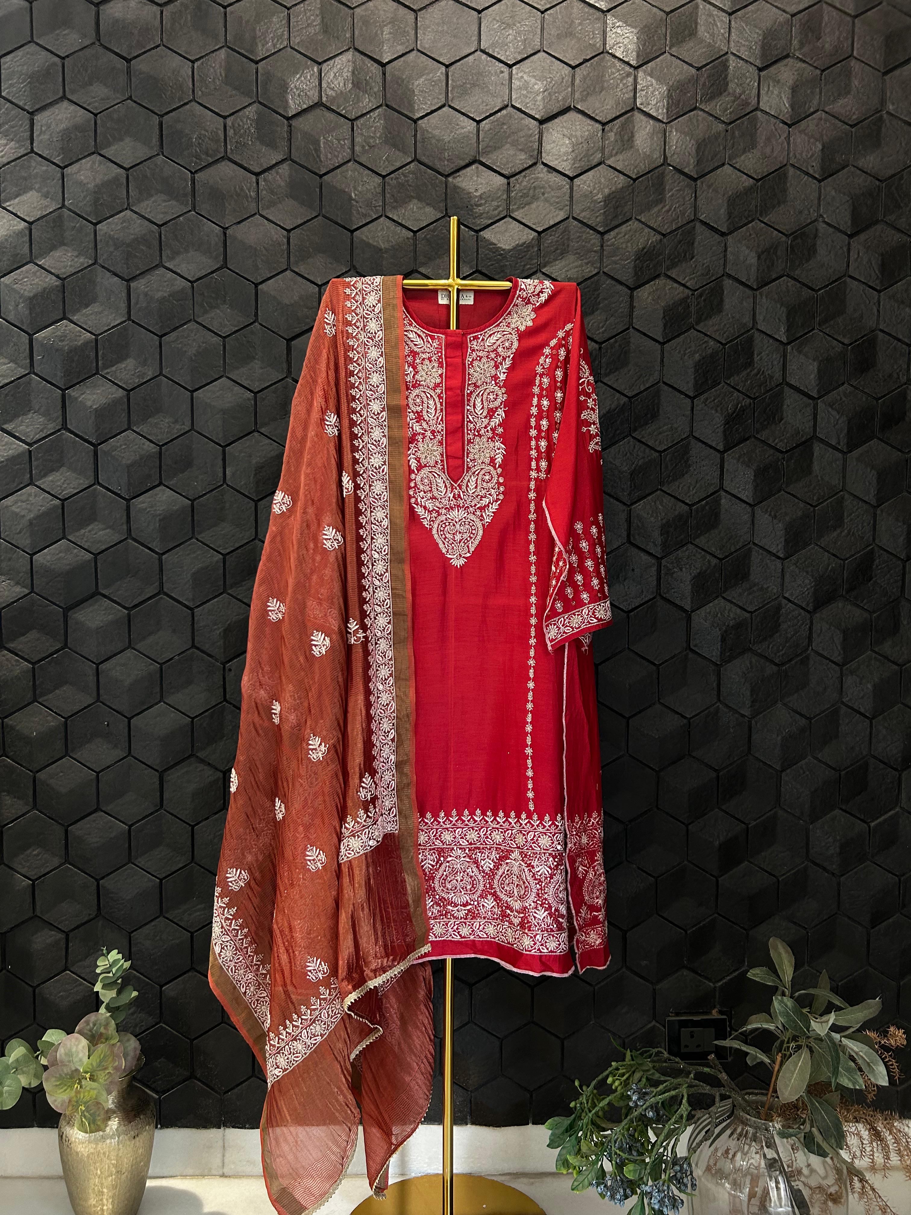 Red Chanderi Chikankari and Zardozi Anarkali set