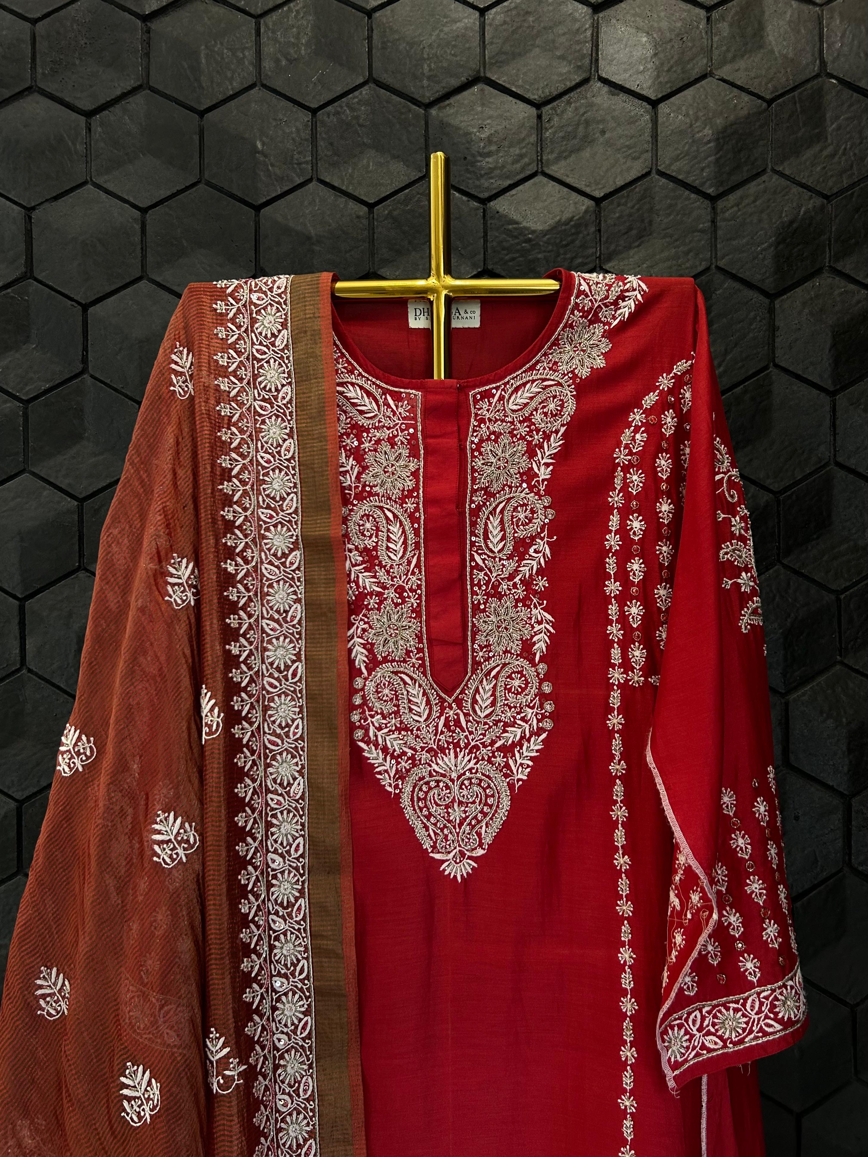 Red Chanderi Chikankari and Zardozi Anarkali set
