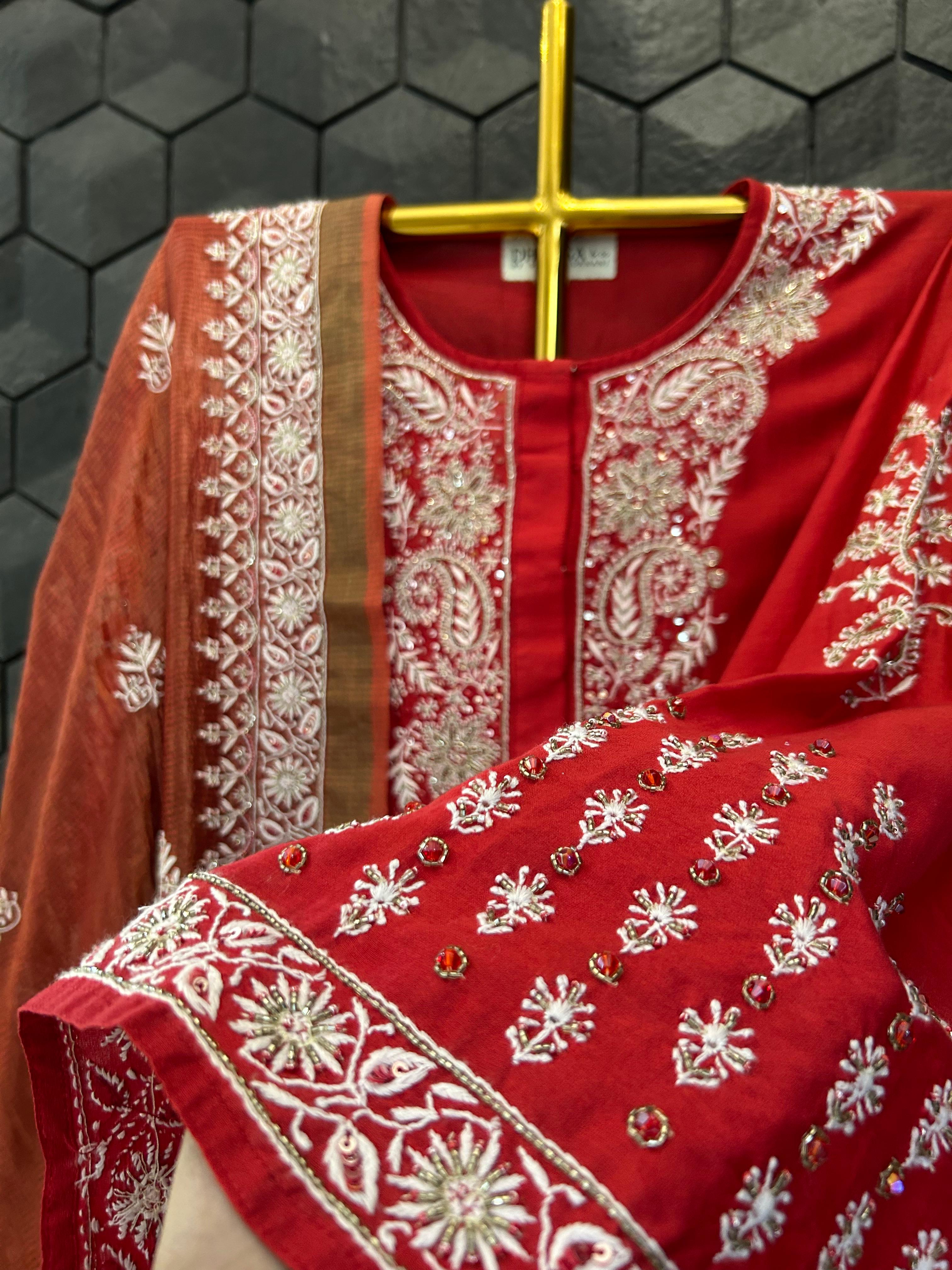 Red Chanderi Chikankari and Zardozi Anarkali set