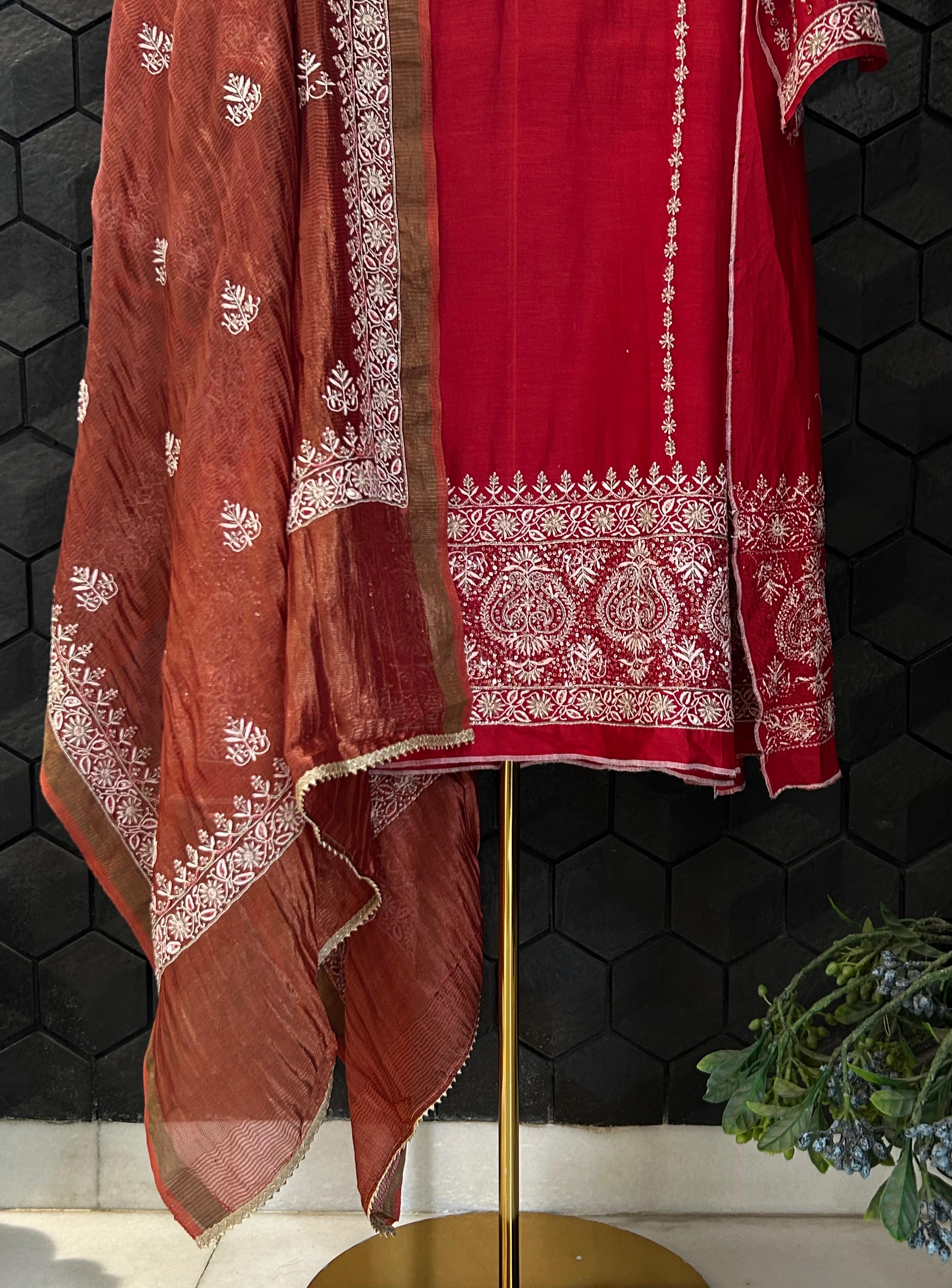 Red Chanderi Chikankari and Zardozi Anarkali set