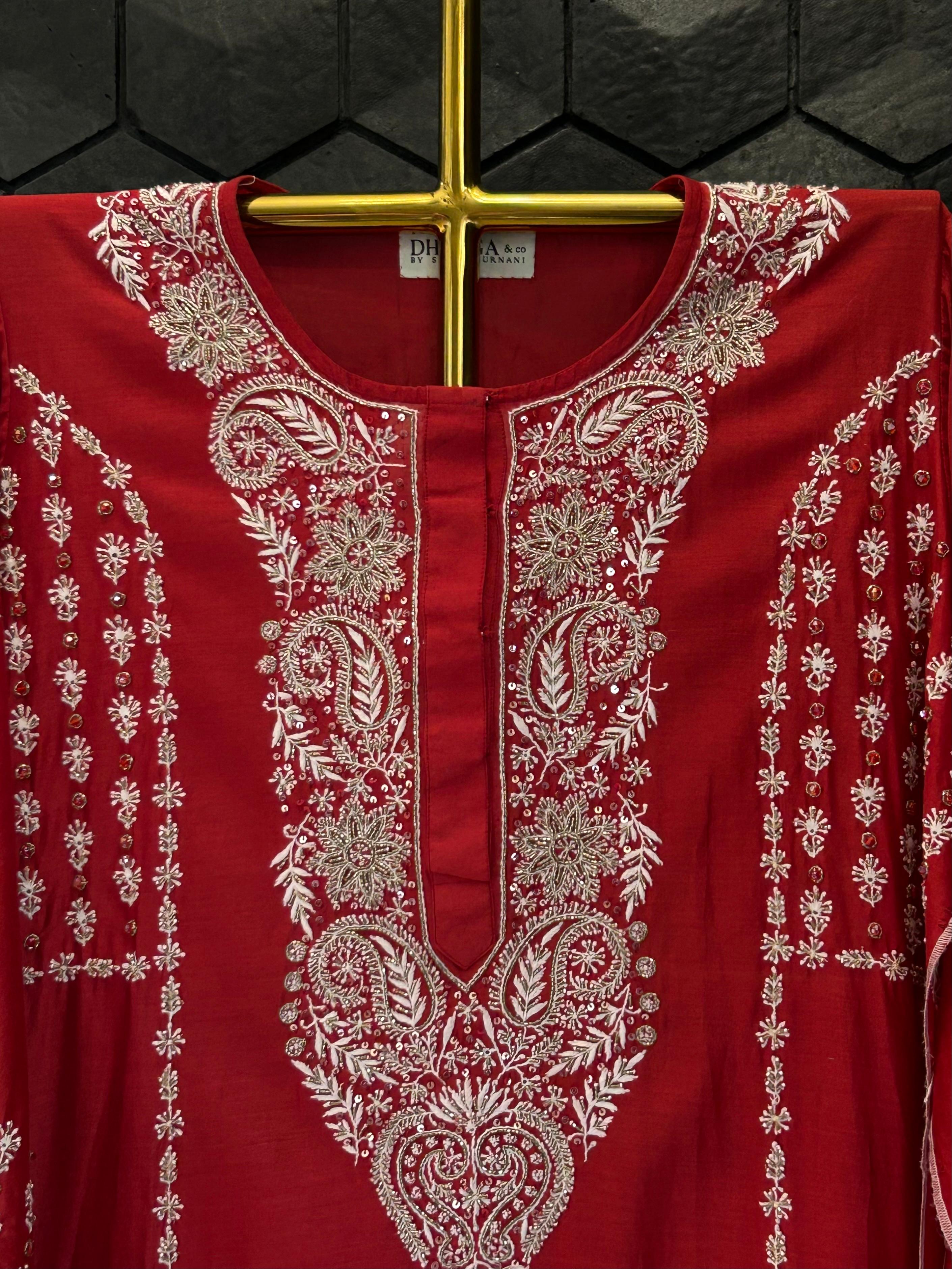Red Chanderi Chikankari and Zardozi Anarkali set