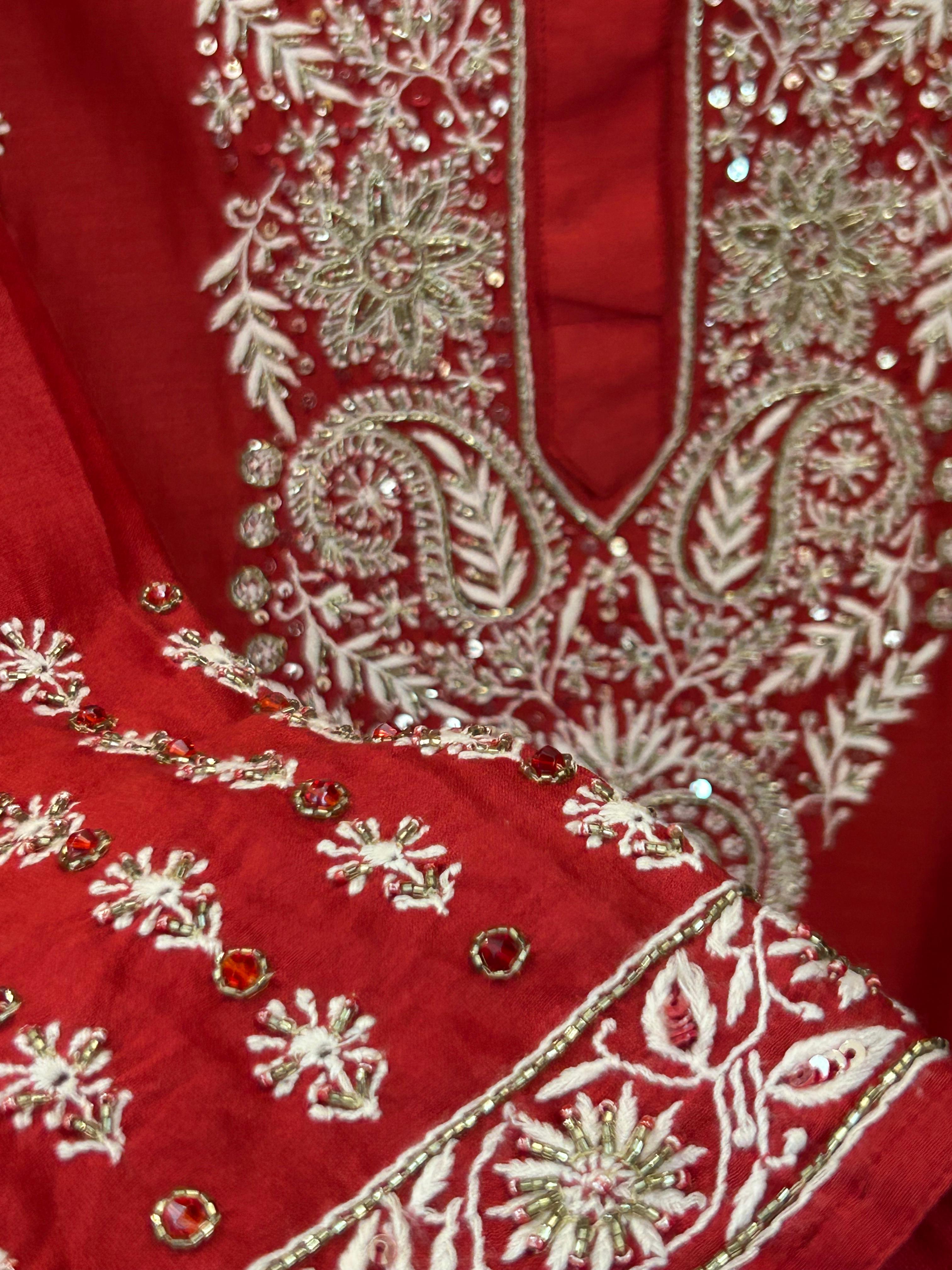 Red Chanderi Chikankari and Zardozi Anarkali set