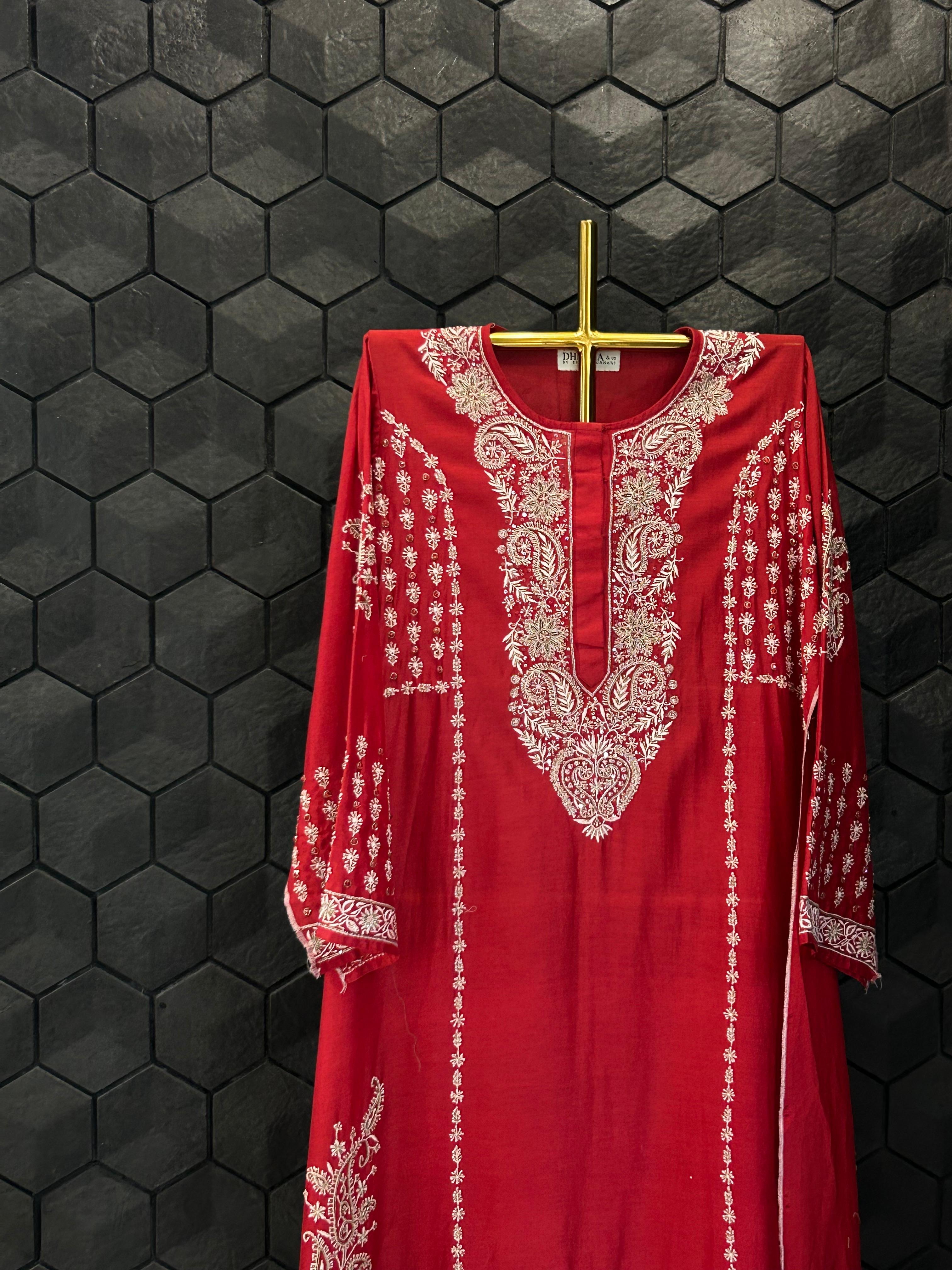 Red Chanderi Chikankari and Zardozi Anarkali set