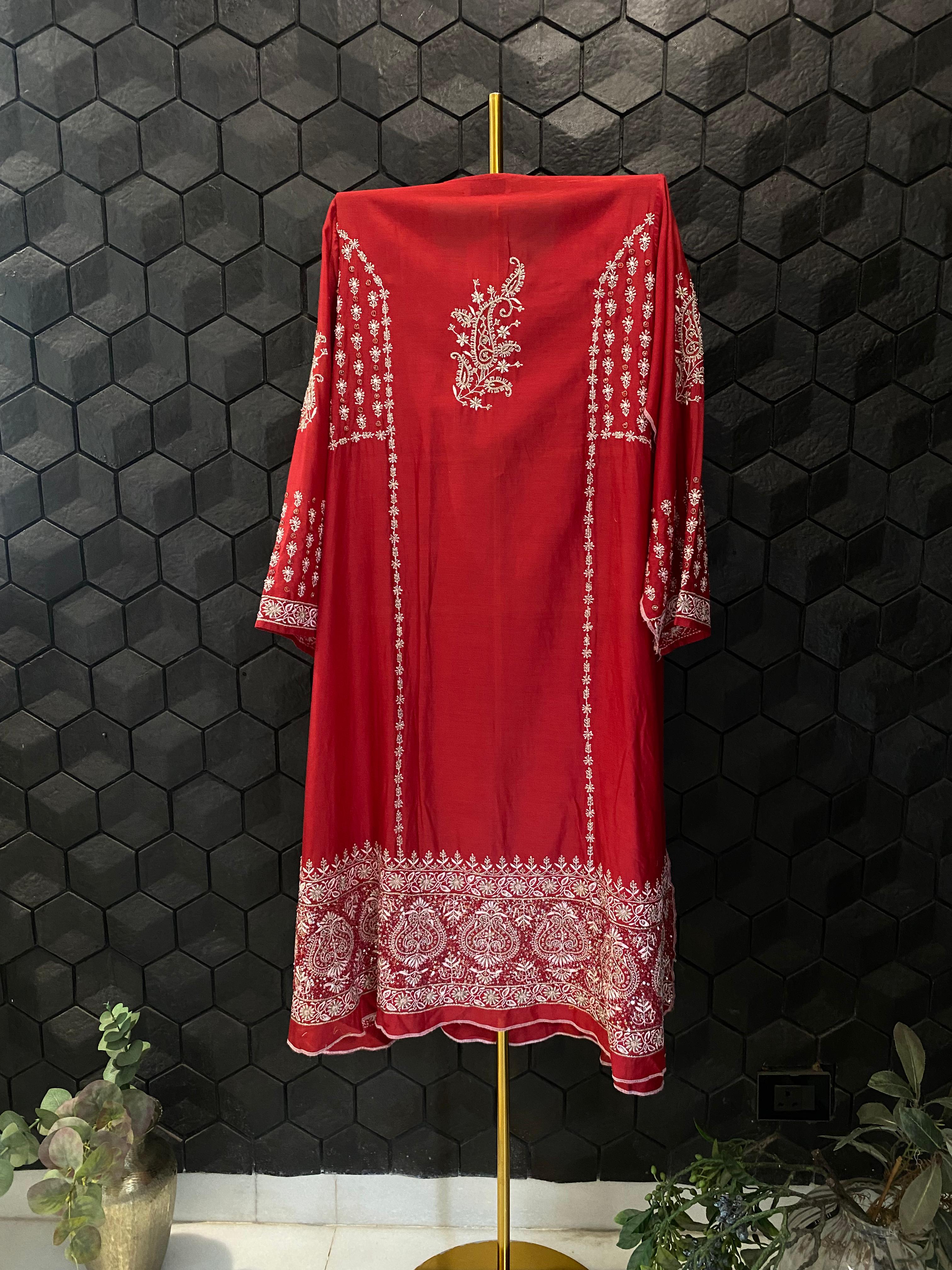 Red Chanderi Chikankari and Zardozi Anarkali set